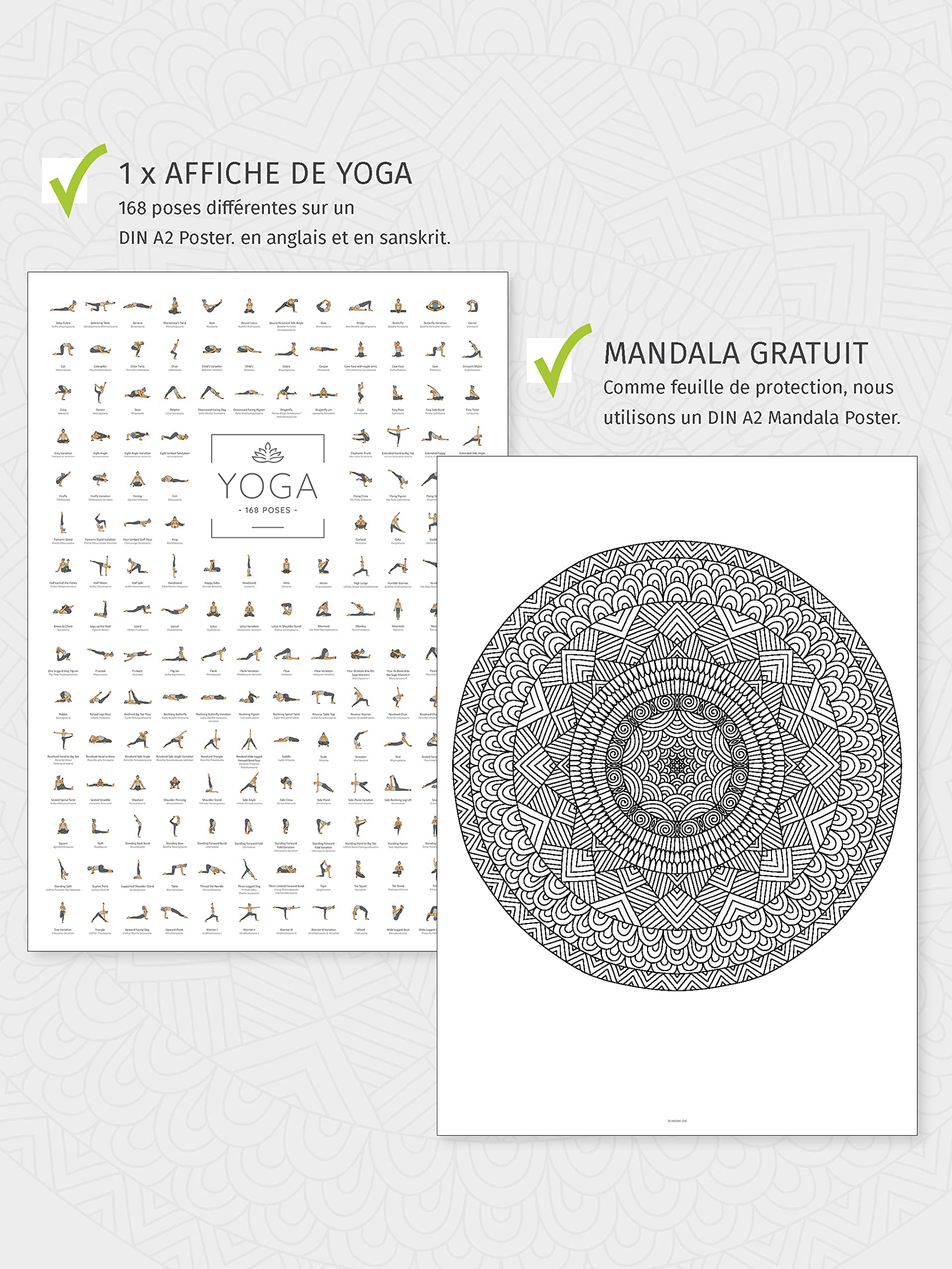 JUNOMI® Poster de Yoga DIN A2 avec 168 postures et asanas, accessoires de yoga pour studios et exercices à domicile, idée cadeau parfaite pour le yoga | sans cadre