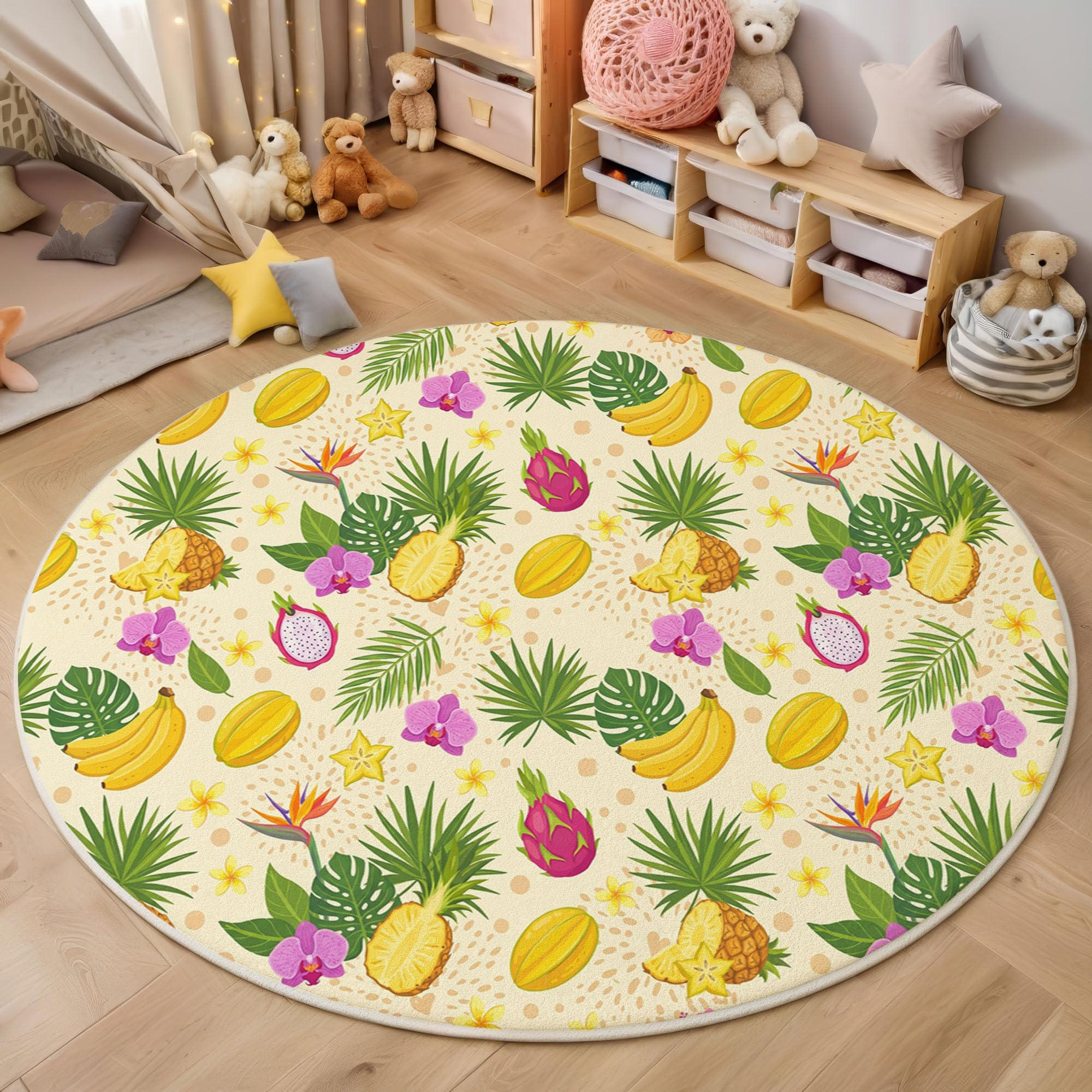 Tapis de salon rond bananes et ananas jaune 200cm lavable