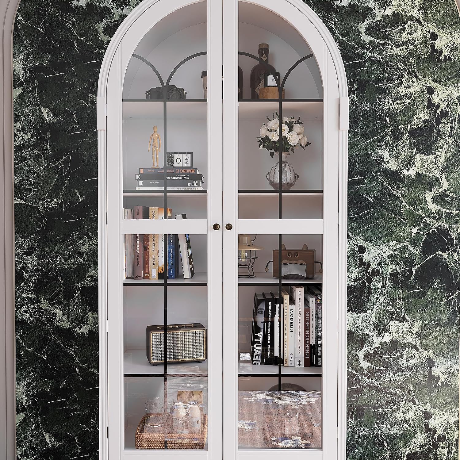 Hitow Curio Cabinet with Glass Doors, Arched Display Cabinet with Drawers & Solid Pine Legs, 34.6" W Arch Bookcase, 5-Tier White Display Case for Collectibles, Living Room