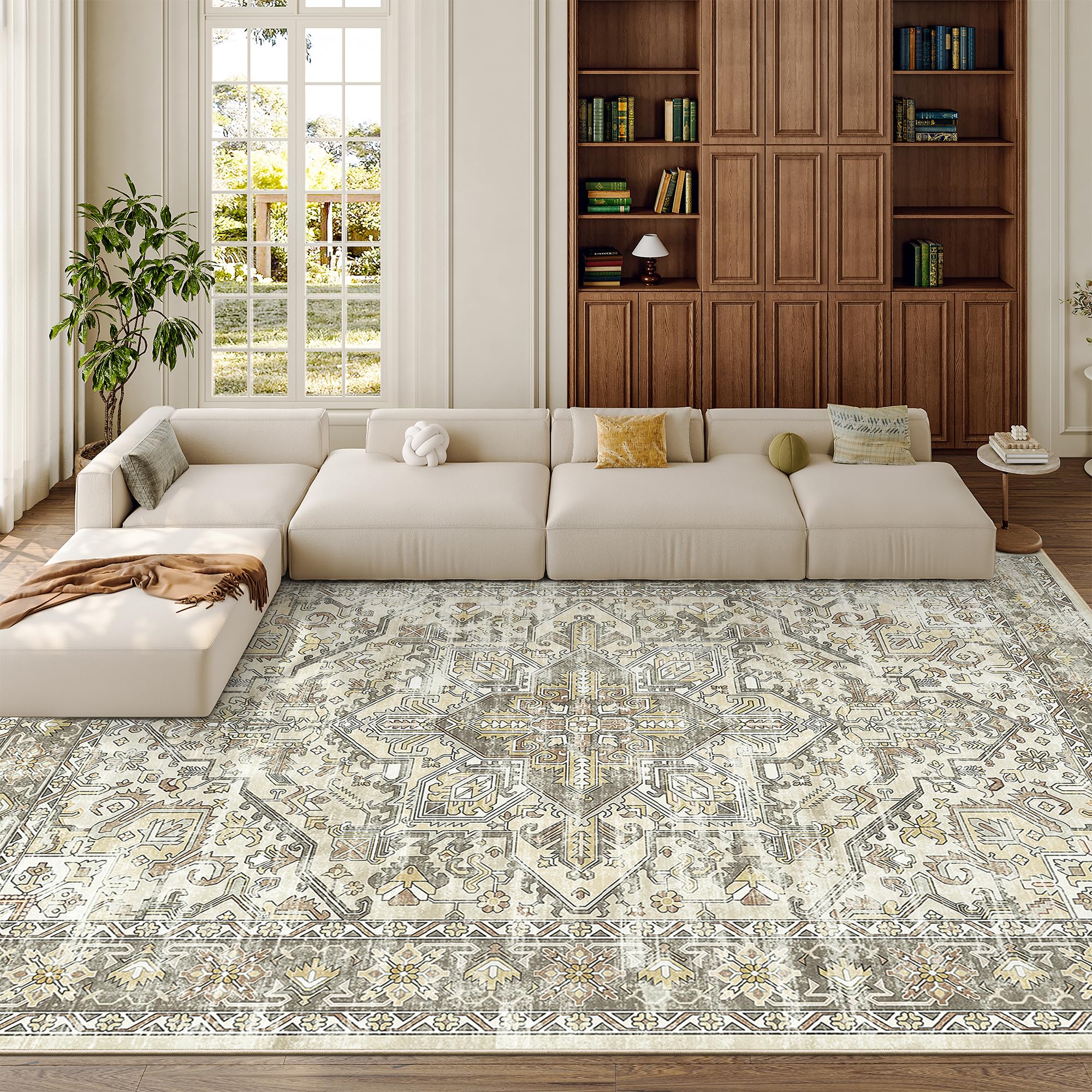zesthome 8x10 Area Rugs for Living Room,Non-Slip Backing Washable Rugs,Vintage Large Area Rug,Stain Resistant Home Decor Rug (Beige/Brown,8'x10') — image 1