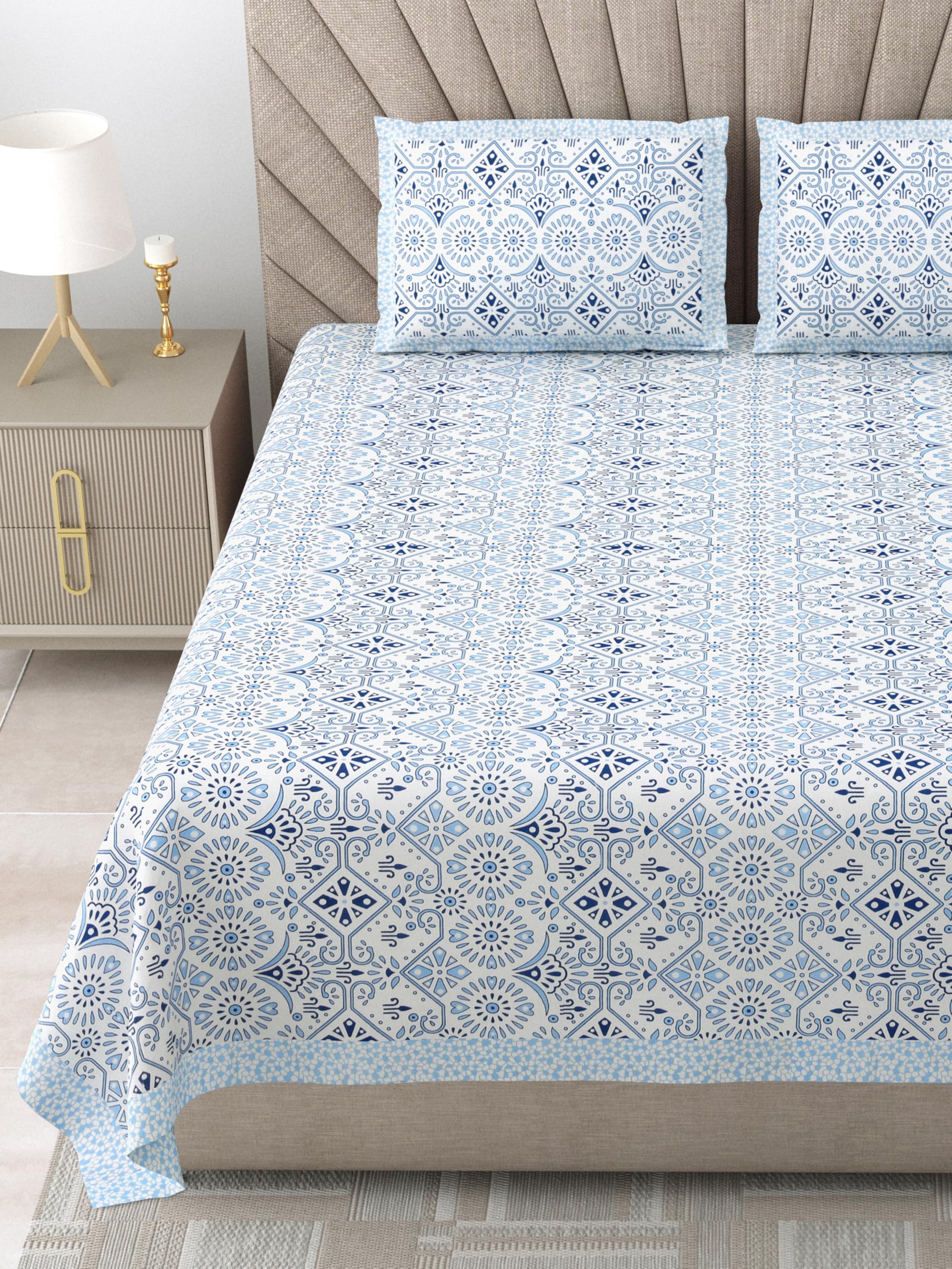 Urban Jaipur 100% Cotton Queen Size Bedsheet for Double Bed (90 x 108 Inches) | 210 TC Bed Sheet Double Bed Cotton | Geometric Print -Blue