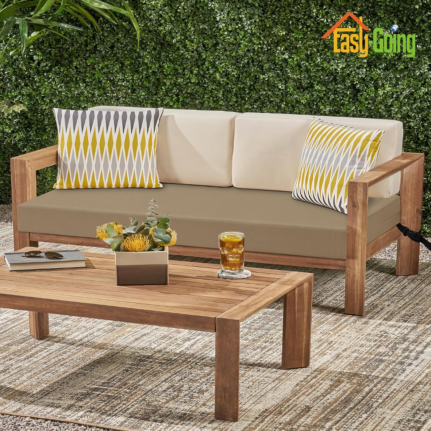 Easy-Going 48x18x3 inch Waterproof Outdoor Couch Bench Cushion Covers Only Replacement Non-Slip Patio Seat Cushion Slipcover with Zipper and Adjustable Straps Camel