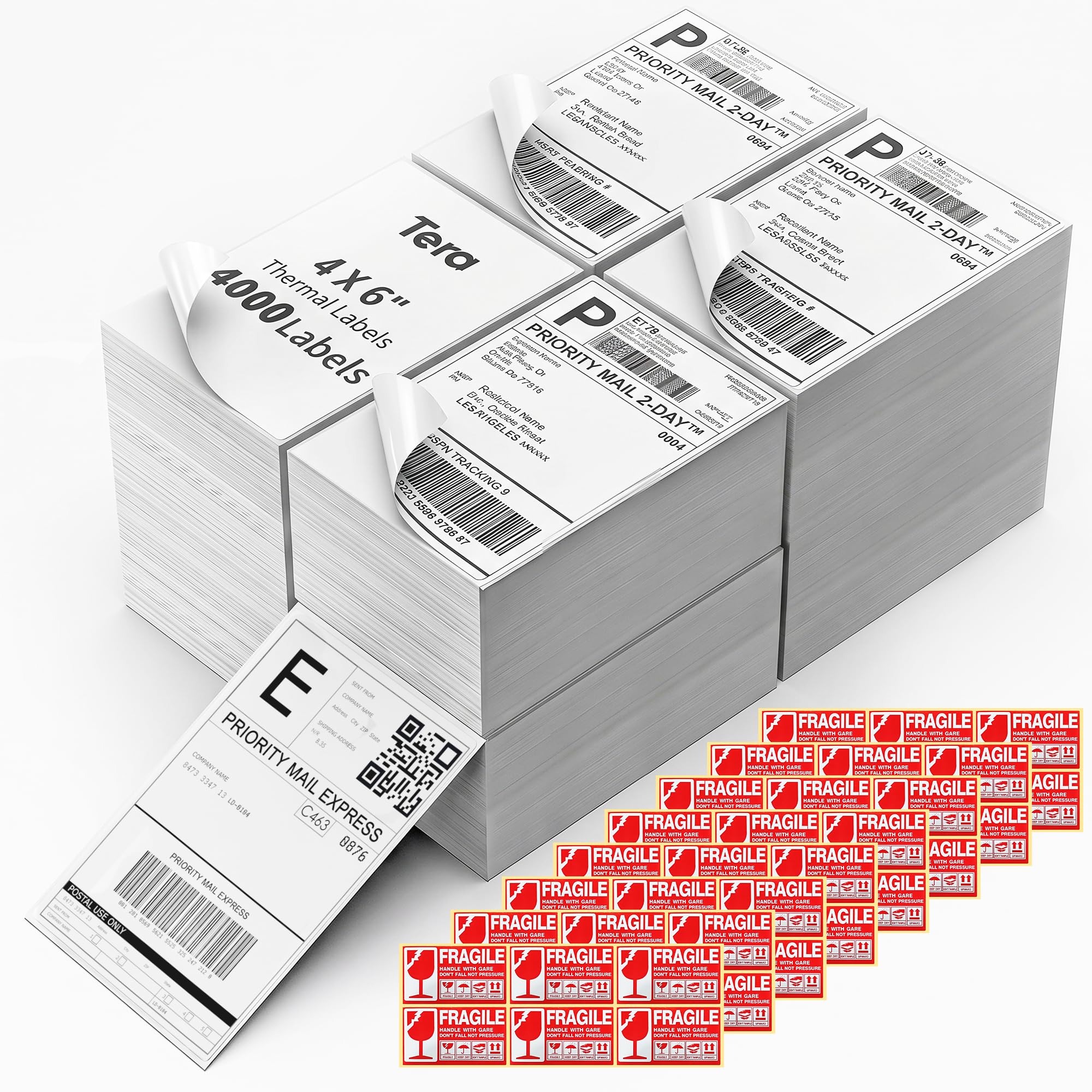 Tera 4000 etichette di spedizione termica diretta con perforazione, 4 pile di carta da stampa per stampante termica, adesivo potente, qualità commerciale
