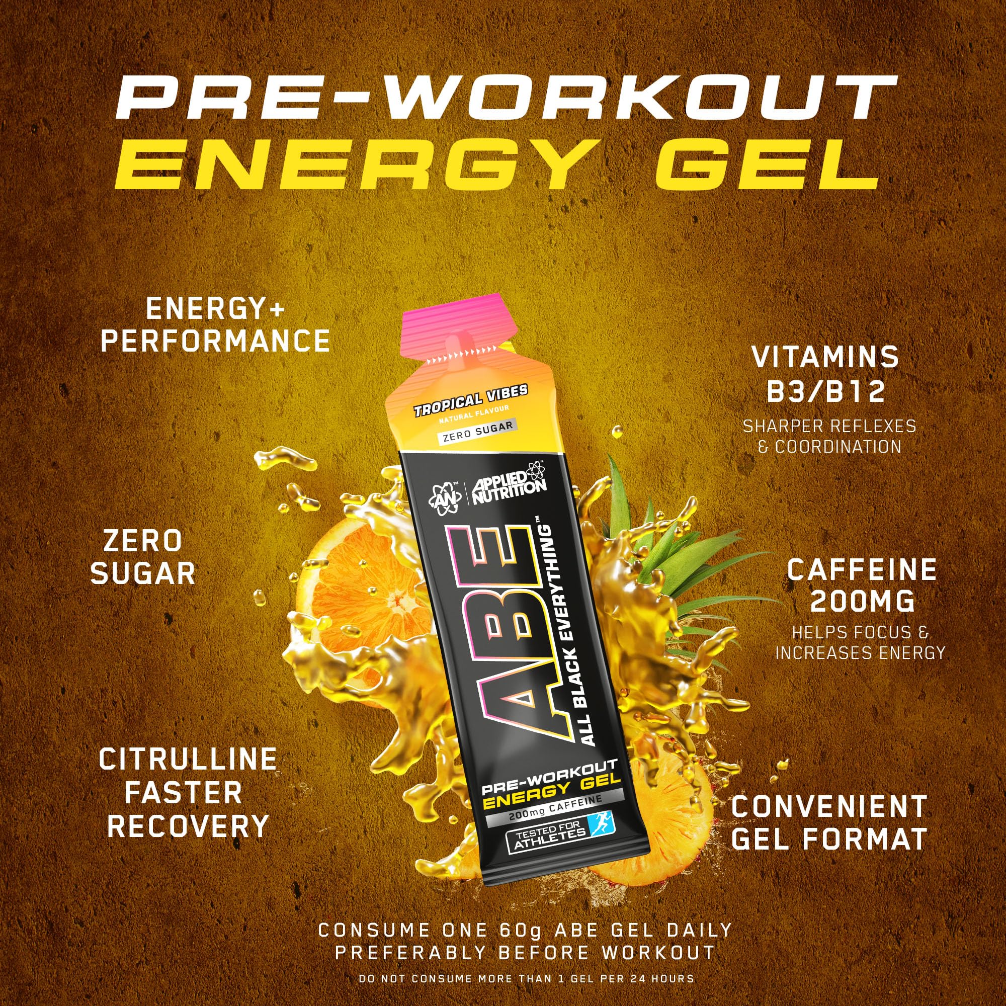 Applied Nutrition ABE Pre Workout Gel – All Black Everything Pre Workout Gel, energia i wydajność fizyczna z cytruliną, kreatyną, beta alaniną (20 x 60 ml żele) (Tropical Vibes)