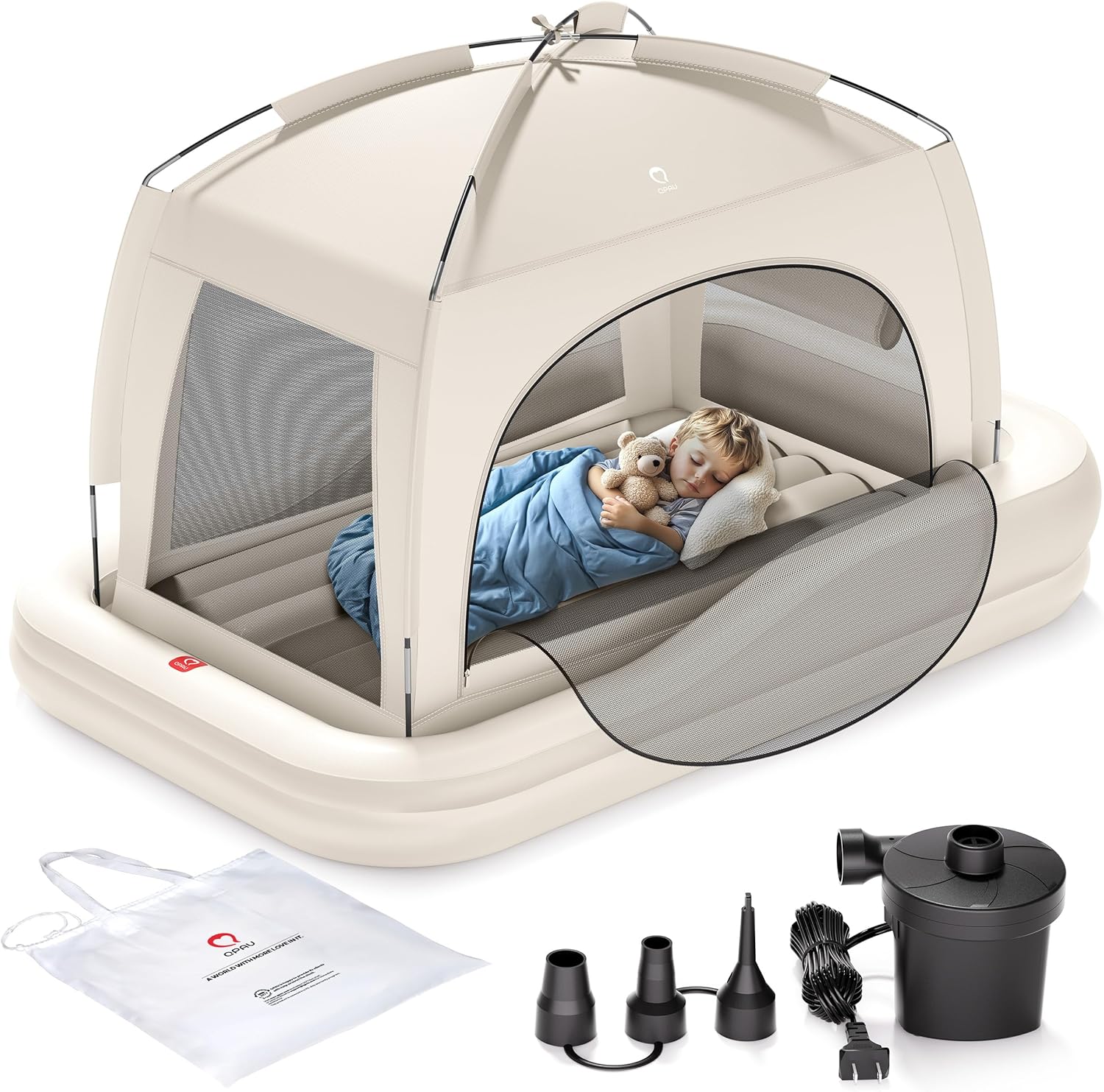 QPAU Inflatable Toddler Travel Bed with Tent, Baby Crib Tent, Portable Kids Air Mattress with Safety Bumpers, Ideal for Home, Grandma's, Camping, Traveling -Includes Fast Electric Pump Khaki