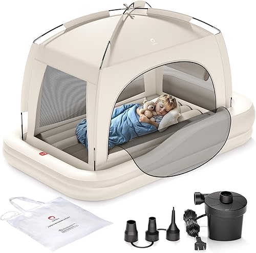 QPAU Cama inflable de viaje para niños pequeños con tienda de campaña, colchón de aire portátil para niños con parachoques de seguridad, ideal para