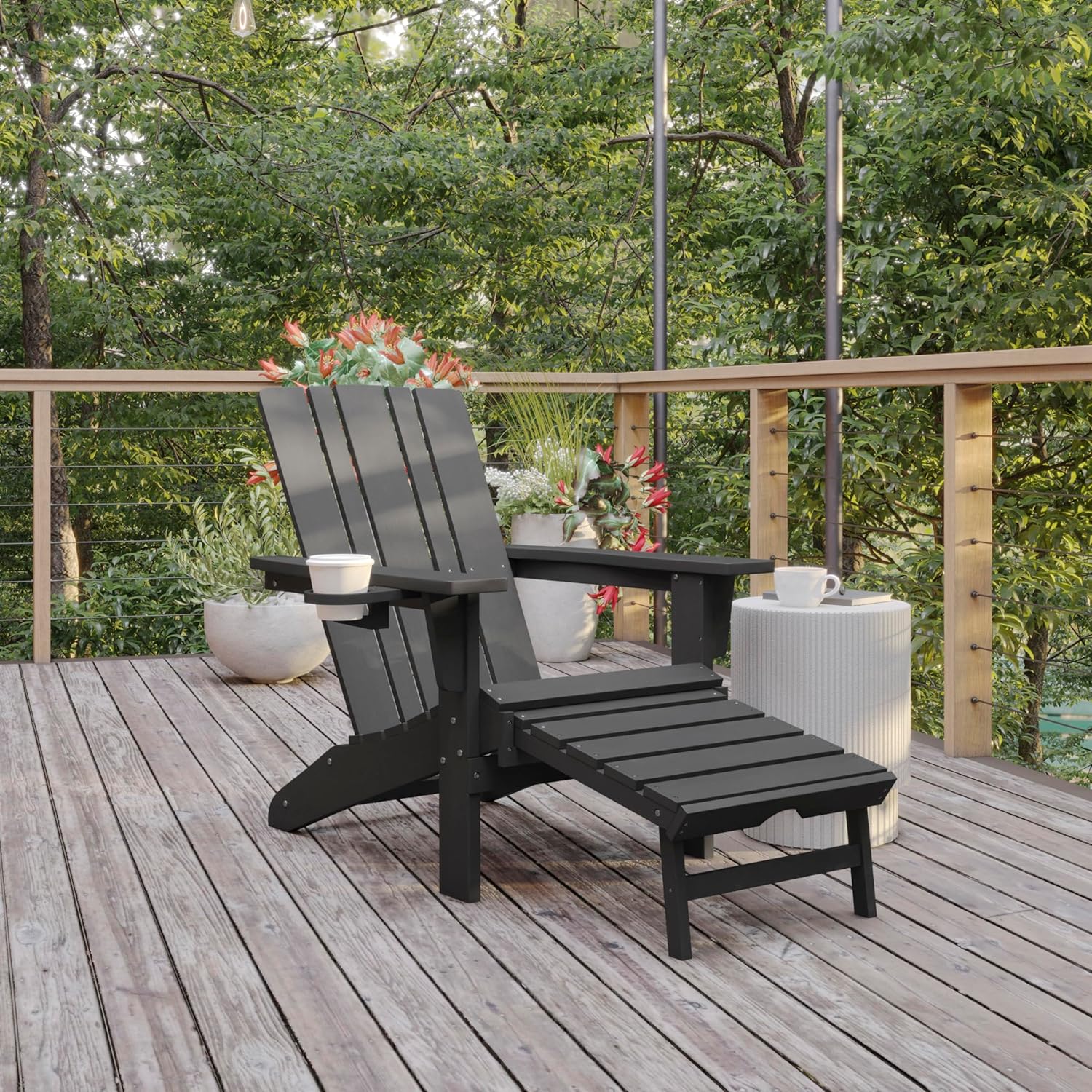 Flash Furniture Halifax Poly Resin Adirondack Chair with Cup Holder and Pull Out Ottoman, All-Weather Poly Resin Indoor/Outdoor Lounge Chair, Gray, Set of 1