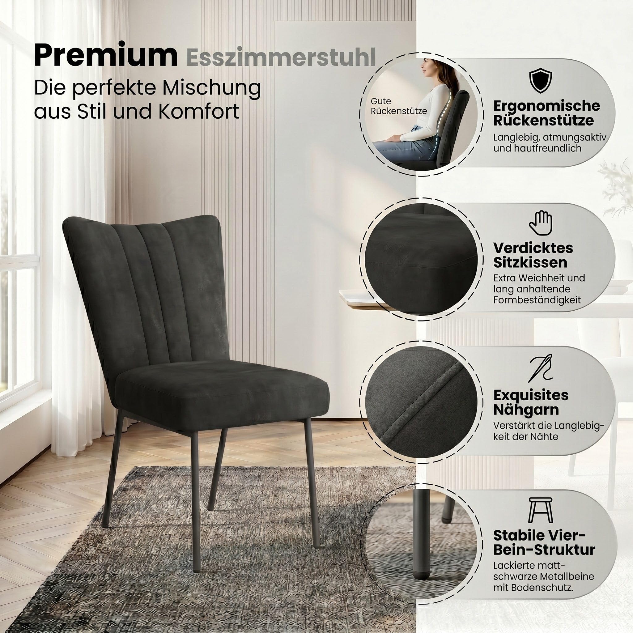 Wysuwany okrągły stół jadalny Rhein Wood Grain 110-150 cm metalowe nogi płyta MDF kolor drewna zawiera 4 grube czarne krzesła do jadalni, idealne na spotkania rodzinne