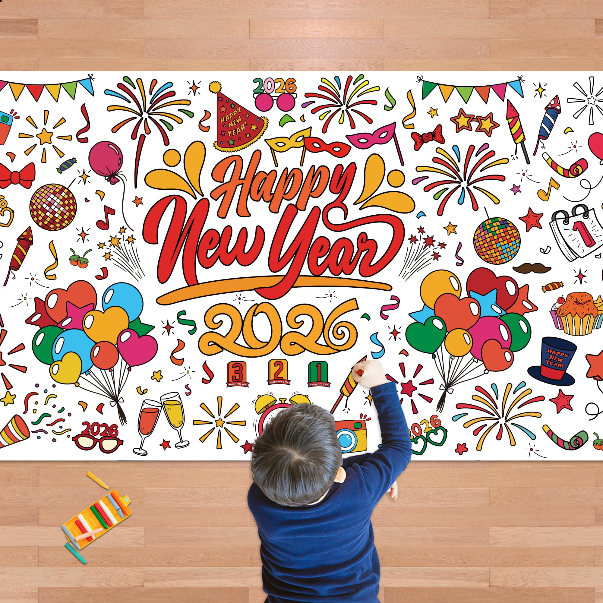 OHOME Happy New Year Giant Coloring Poster/Tablecloth - New Years Decorations 2026-30 x 72 Inches Jumbo Coloring Banner Kids Crafts Activities Party Decorations | New Years Eve Party Supplies