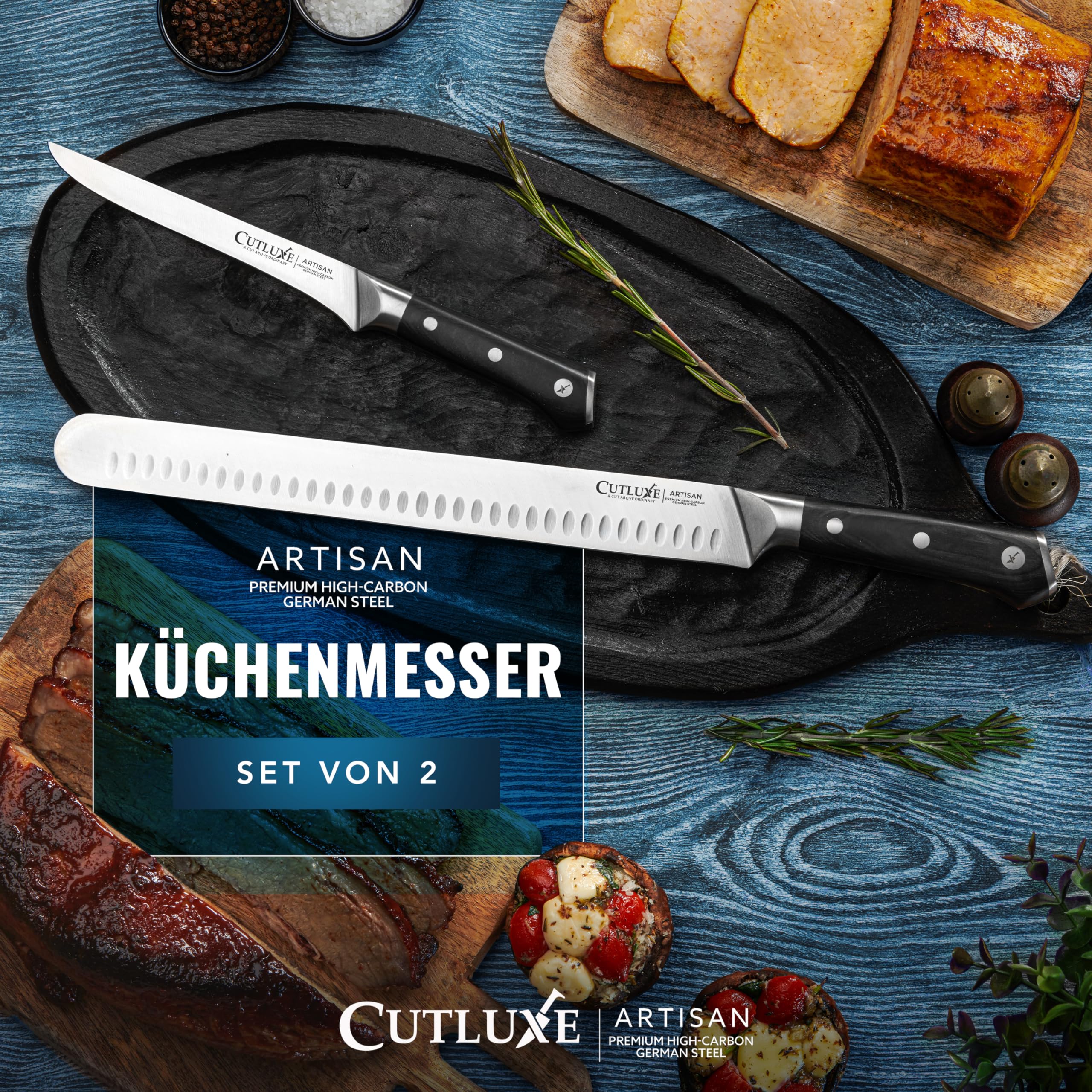 Cutluxe BBQ Messerset mit 2 - Fleischmesser & Filetiermesser zum Schneiden von Fleisch - Küchenmesser Scharf - deutscher Stahlklinge - Full Tang - Ergonomische Griffe - Artisan Serie