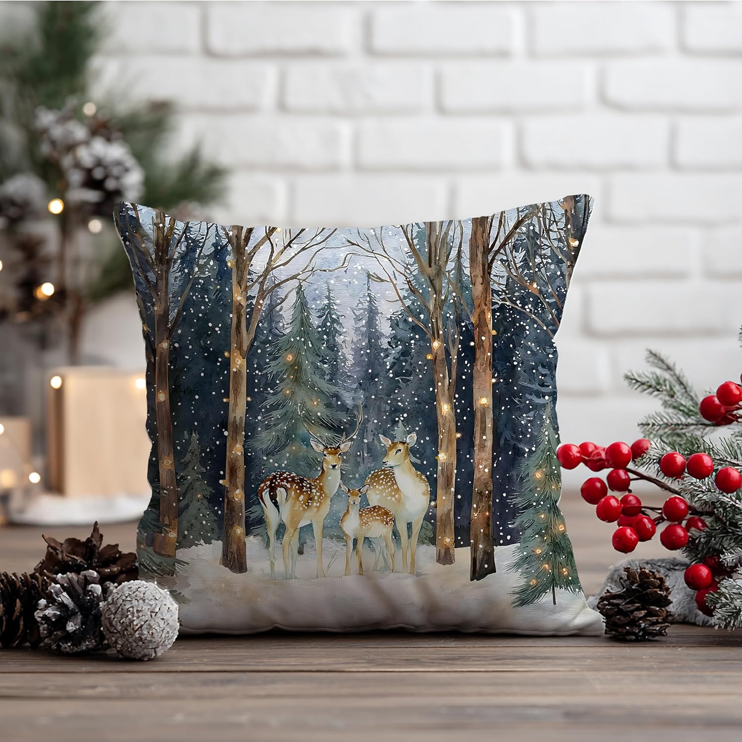 Christmas Reindeer Forest Pillow Covers 18x18, Christmas Winter Decor, Rustic Xmas Deer Holiday Decorative Throw Pillow Cover for Home Living Room Bedroom Decor - Image 5
