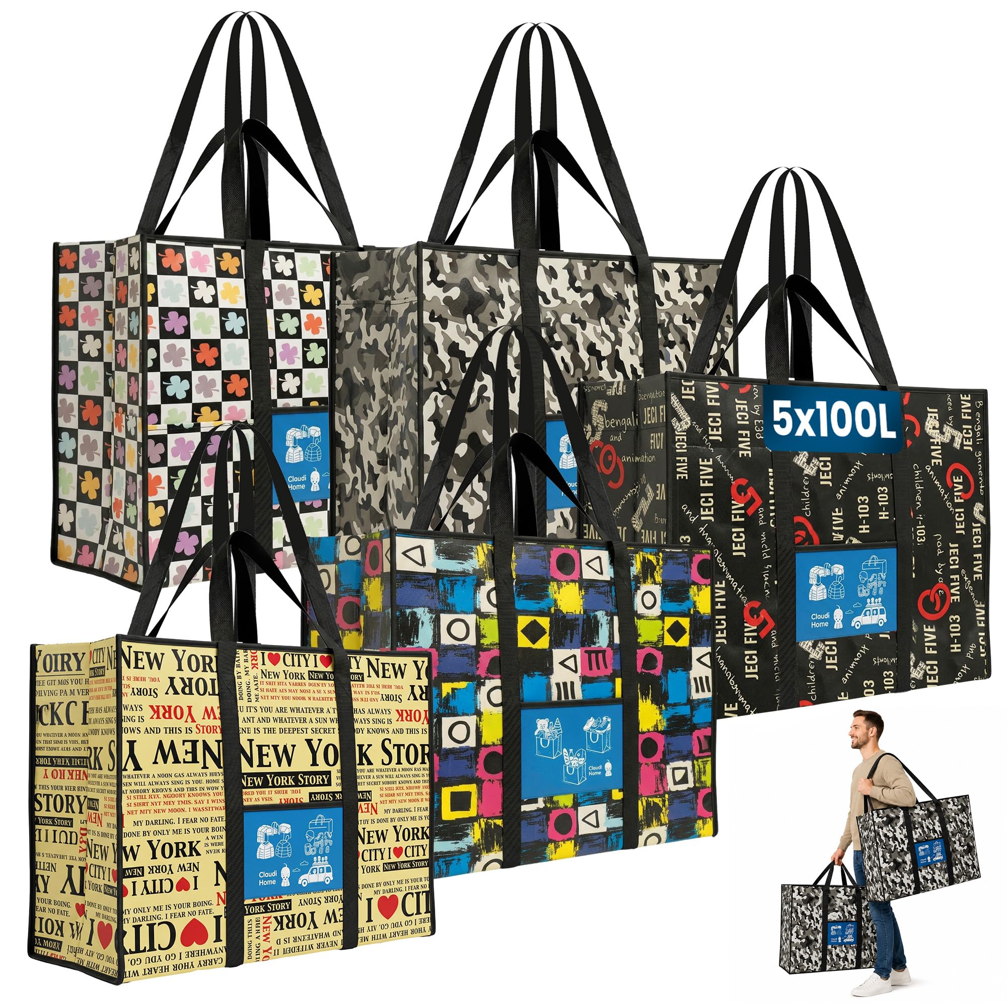 Lot de 5 Sacs Ultra résistants Démenagement 100l. Fermeture Éclair. Sangles Solides Doubles & Poche Frontale. Sport, vacances, voyages, stockage, camping, linge Sacs conçus pour durer