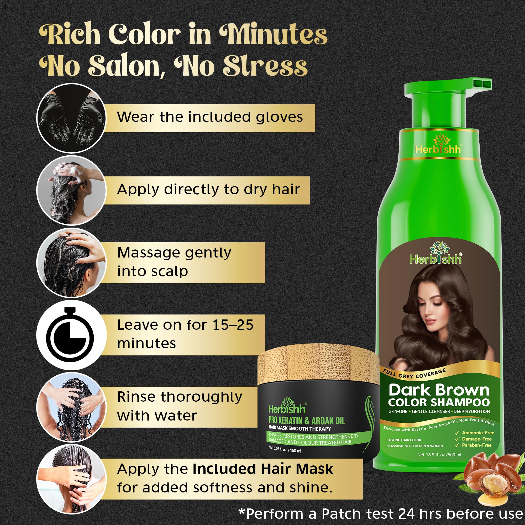 Herbishh Ultimate Hair Color Kit shampoing 3 pièces: colorant + masque capillaire à l'argan + shampoing lisse et longue durée (marron foncé, lot de 3)
