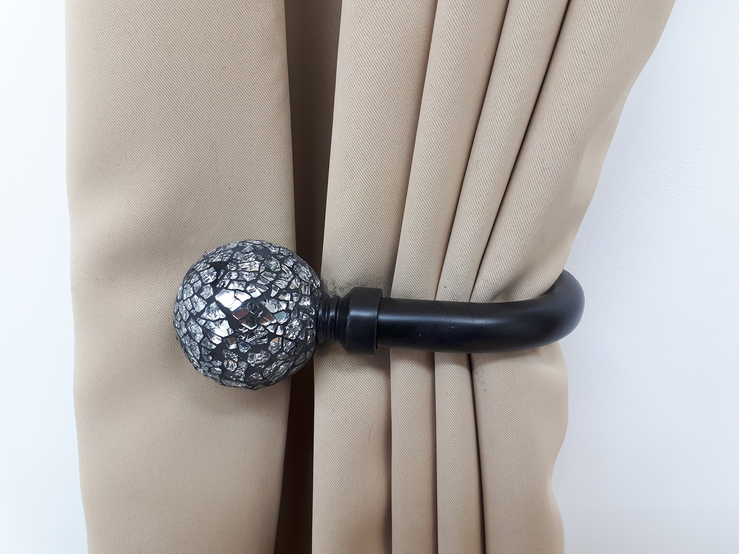 Home Harmony Decorative Curtain Holdbacks Wall Mounted Curtain Tie Backs Pack of 2 Availablie in Black or Silver (Black, Cut Glass)