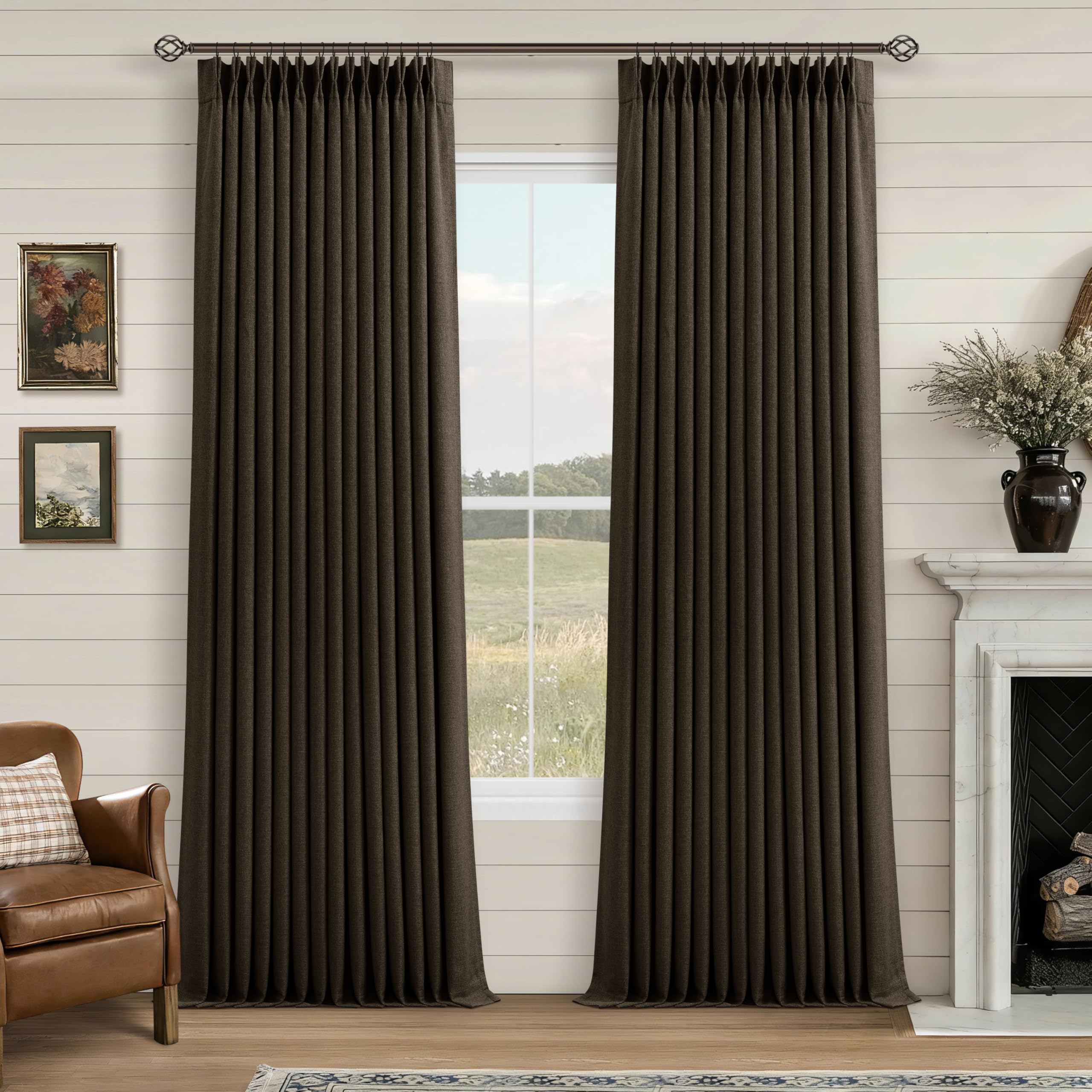 100% Blackout Linen 102 Inch Curtains 2 Panel Set for Bedroom Pinch Pleated Dark Brown Chocolate Linen Insulated Heavy Curtain 40 x 102 Inches Length Sliding Glass Door Room Darkening Drapes
