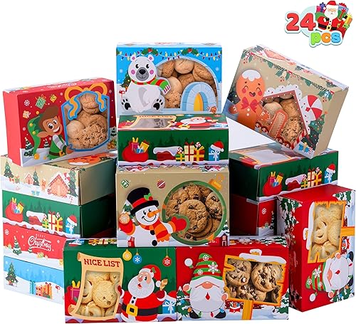 JOYIN 24 cajas navideñas de papel de aluminio para galletas (8.75 x 5.75 x 2.75 pulgadas) en 6 diseños, 4 colores (verde, rojo, azul y caqui),