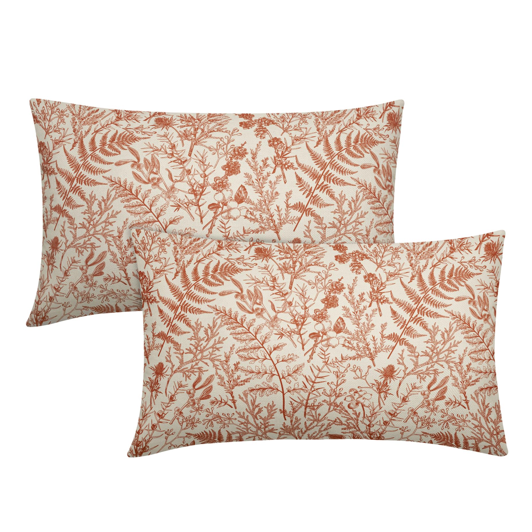 Burnt Orange Floral Pillow Covers 12x20 Set of 2 Botanical Print Vintage Fall Colored Flower Plant Cream Rectangle Decorative Lumbar Throw Pillow Cases Outdoor Farmhouse Decor for Sofa Couch Bed