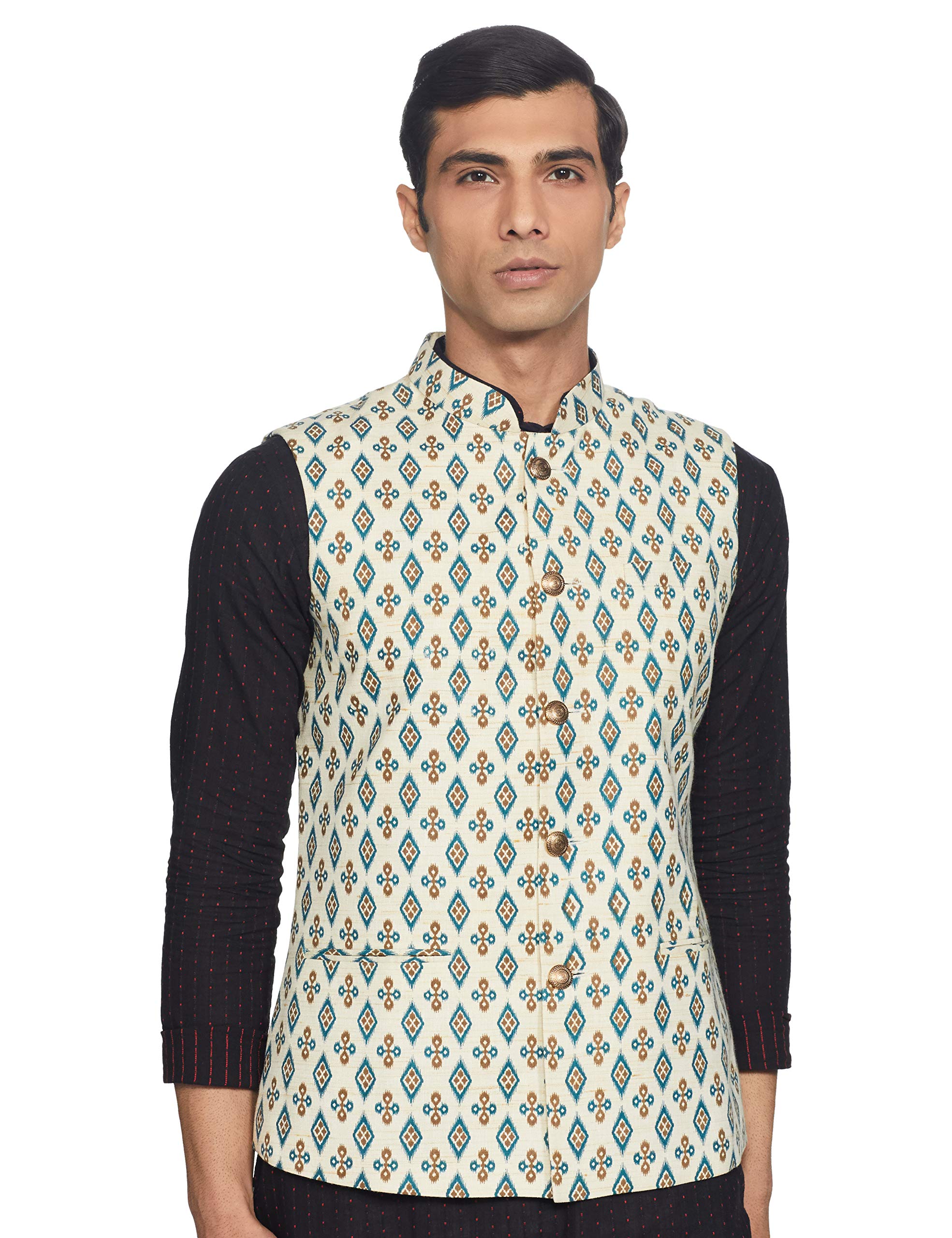 Men Regular Fit Print Pattern Poly Viscose Cotton Blend Mandarin Collar Sleeveless Festive Bundi-picture-11