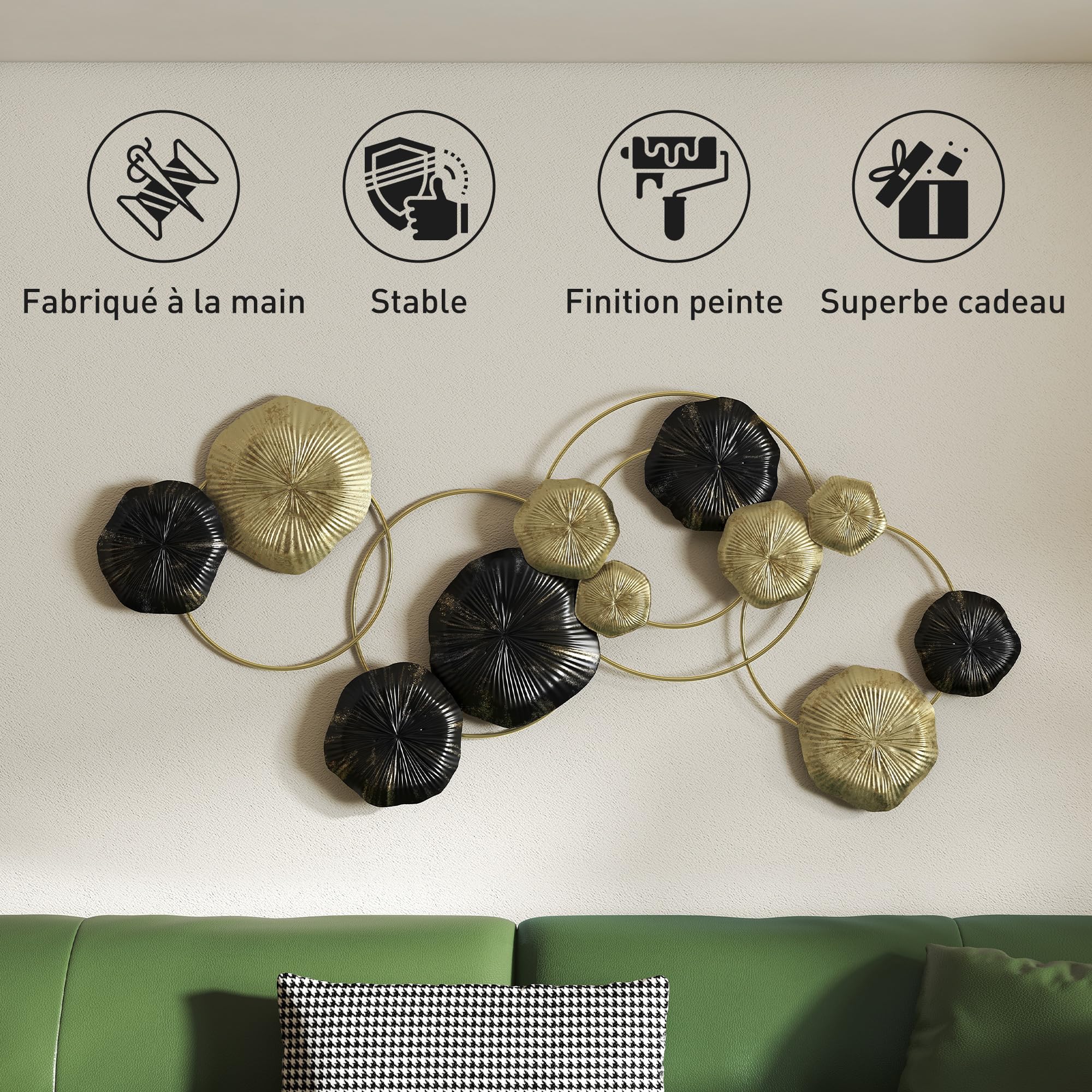 HOMCOM Décoration Murale en Métal Moderne Suspendu 84x35cm Doré et Noir