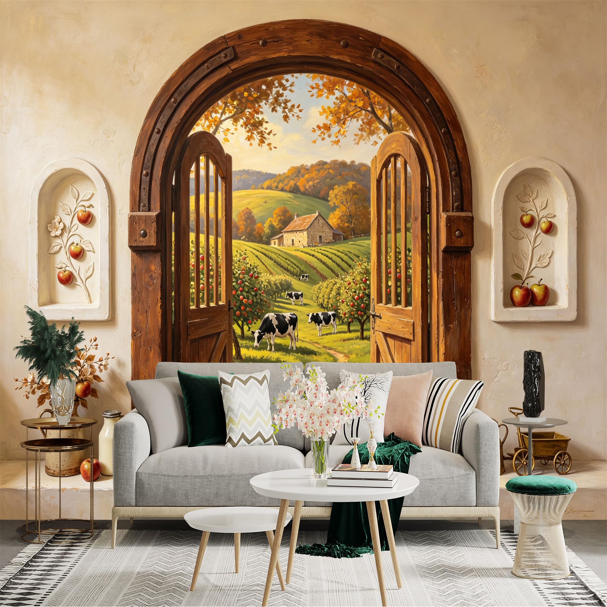 Custom Size Wall Sticker Mural， Rustic Farmhouse Doorway， Autumn Countryside， Cows and Orchard Landscape， for wall Decoration， peelandstick wall Decals.