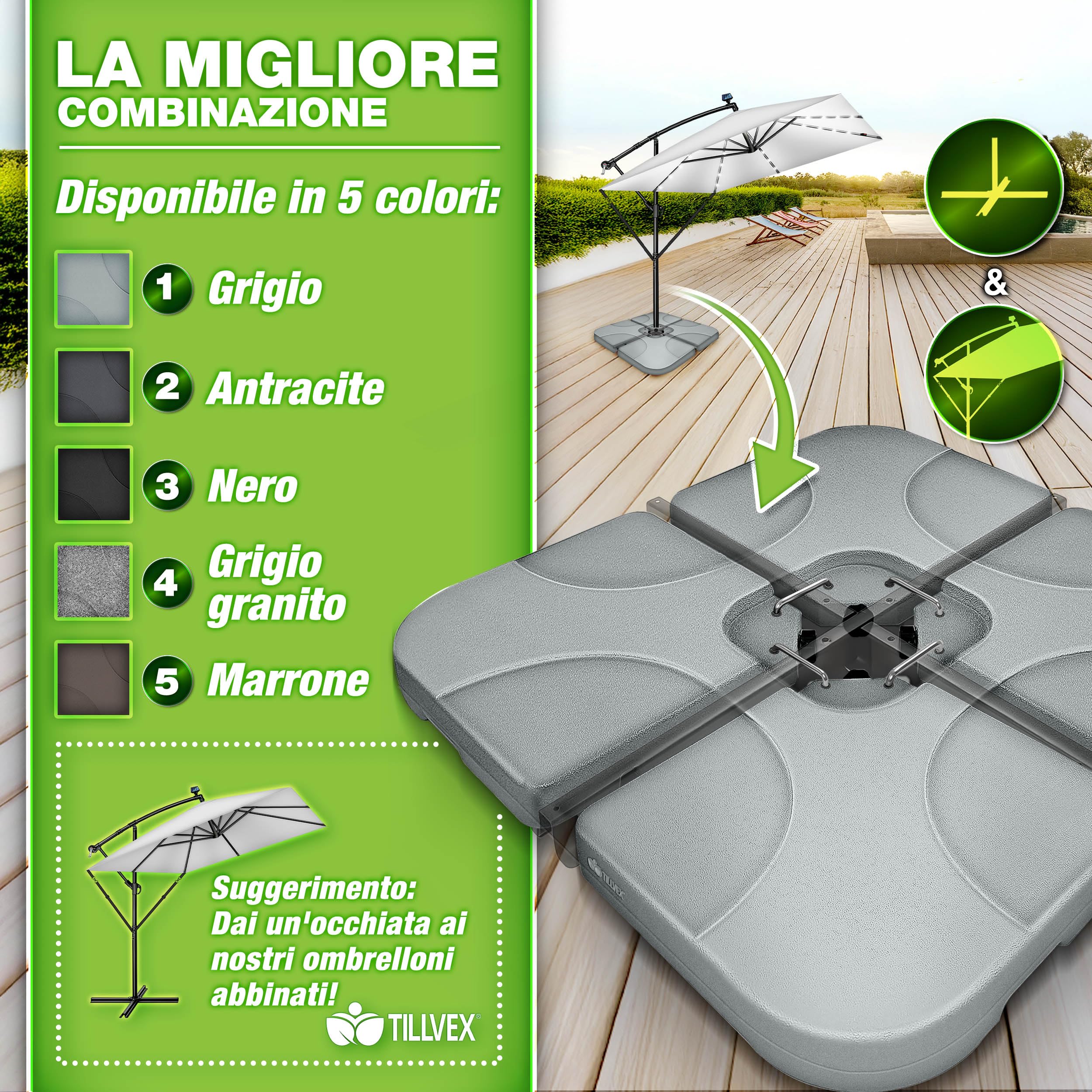 tillvex® Base per Ombrellone 90 Litri / 120 kg – 4 Pezzi per Ombrellone Decentrato con Connettore Metallico | Porta Ombrelloni Riempibile con Acqua o Sabbia | Supporto Ombrellone (Grigio)