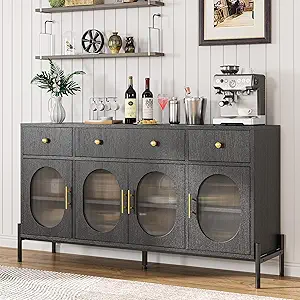 GarveeHome 62" Large Sideboard Buffet Cabinet with Storage and 3 Drawers, Buffet Table Coffee Bar Storage Cabinet with 4 Glass Doors for Dining Room, Living Room, Kitchen, Black