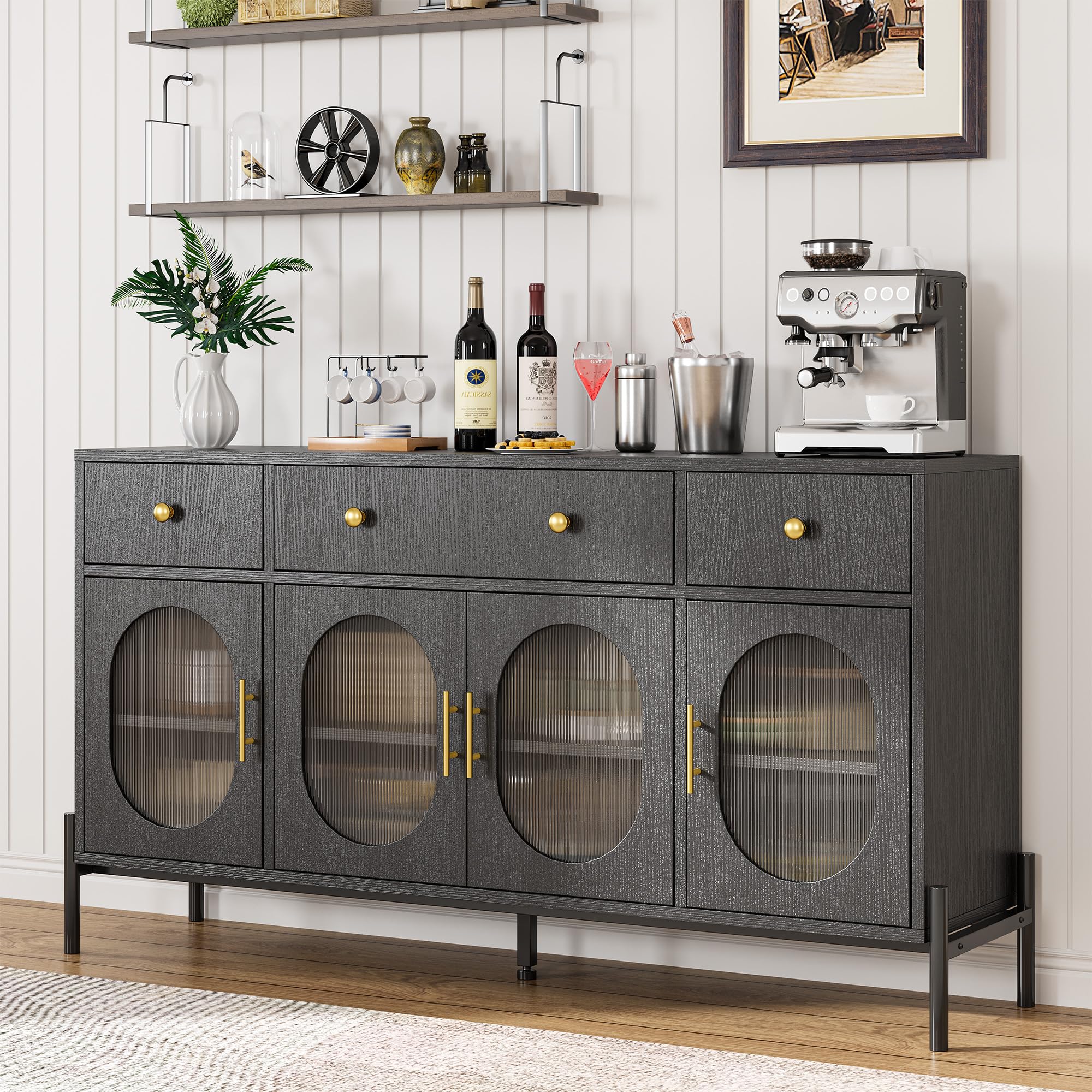 GarveeHome 62 in Large Sideboard Buffet Cabinet with Storage and 3 Drawers, Buffet Table Coffee Bar Storage Cabinet with 4 Glass Doors for Dining Room