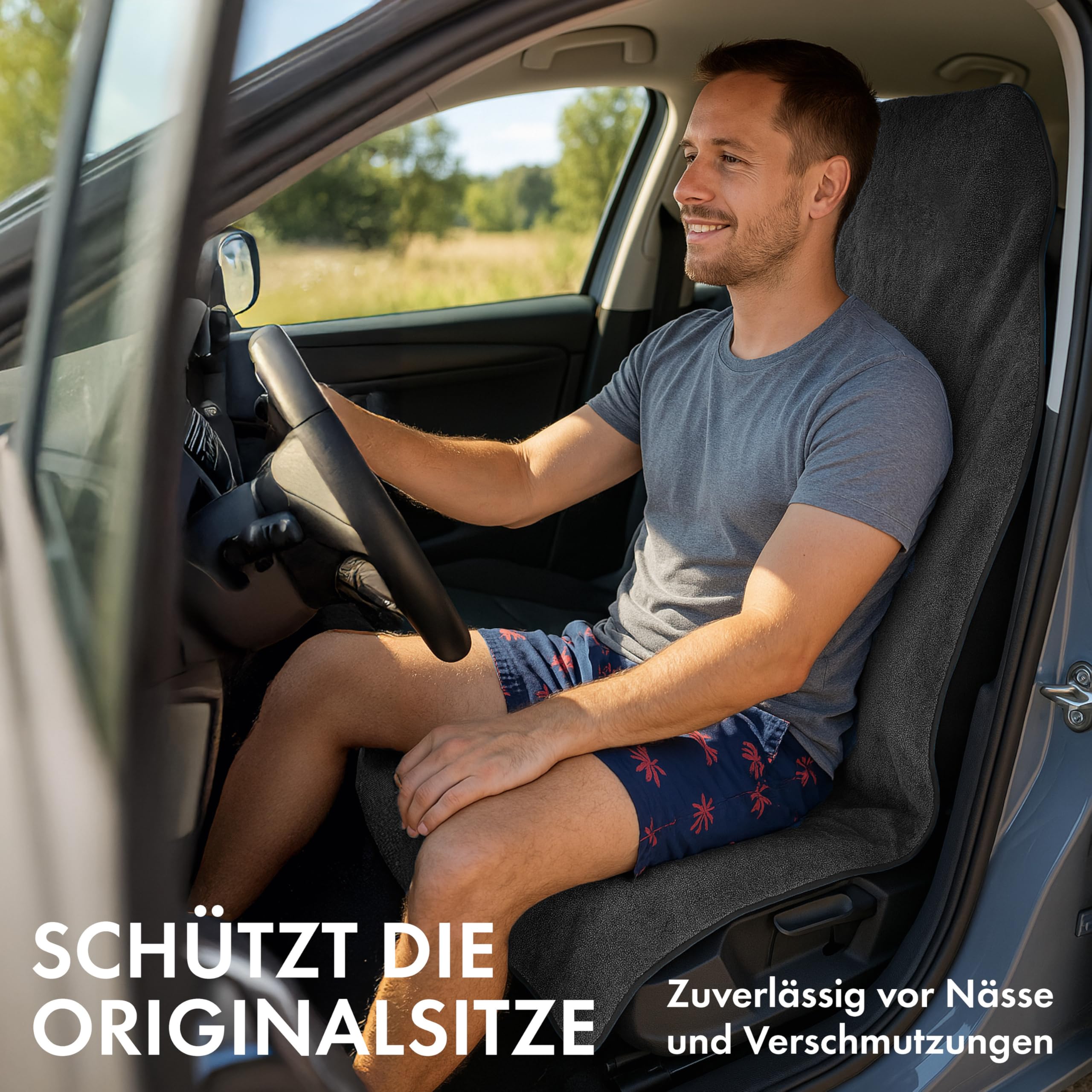 Walser Auto Sitzauflage Vordersitz aus Frottee, 2er Set Sitzaufleger, waschbarer Sitzschoner Auto, Universal Auto-Sitzauflage, Autositz-Überwurf, Schonbezug Autositz vorne 2 Stück schwarz