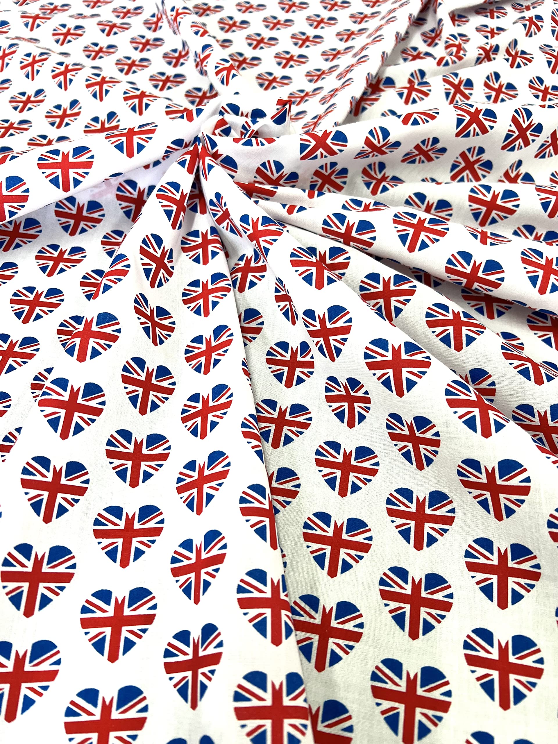 Pyrhan Art & Craft Children Nursery Football Polycotton Prints | 45 Inch Wide Dress Craft Fabric Material by The Metre | Polycotton Print Used in Sewing Kit and Accessories (White-Heart-UnionJack)