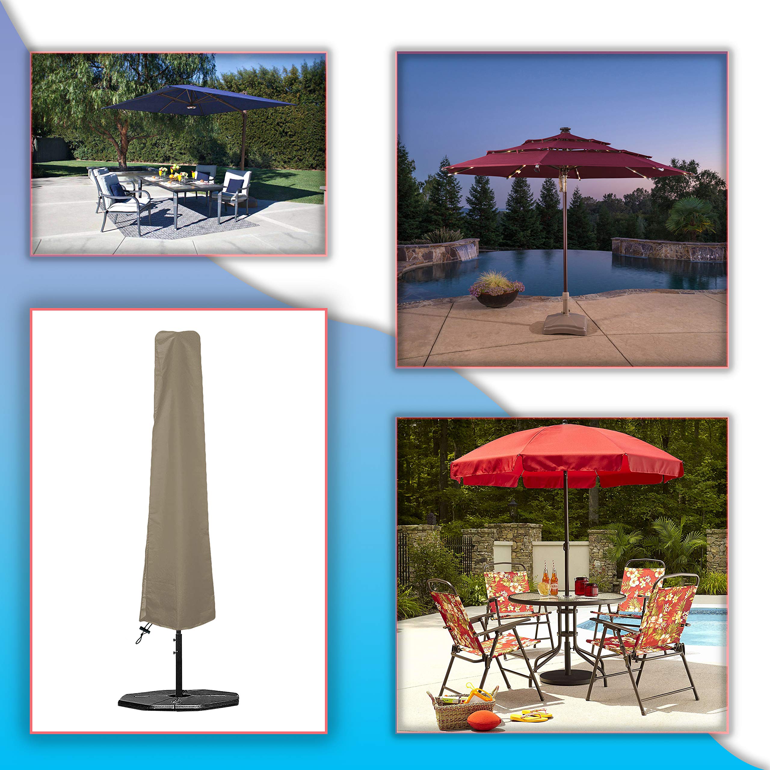 Pokrowiec na parasol na patio na zewnątrz 350 ml wodoodporny - 100% odporny na promieniowanie UV i warunki atmosferyczne pokrowiec na parasol - wytrzymałe pokrowce na meble na patio z kieszeniami powietrznymi i sznurkiem do wygodnego dopasowania (beżowy)