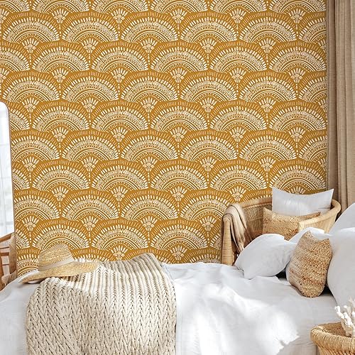 Miniatura 3 de VEELIKE Papel tapiz geométrico amarillo mostaza para despegar y pegar, papel tapiz geométrico bohemio, extraíble, de 17.7 x 118 pulgadas, apto para