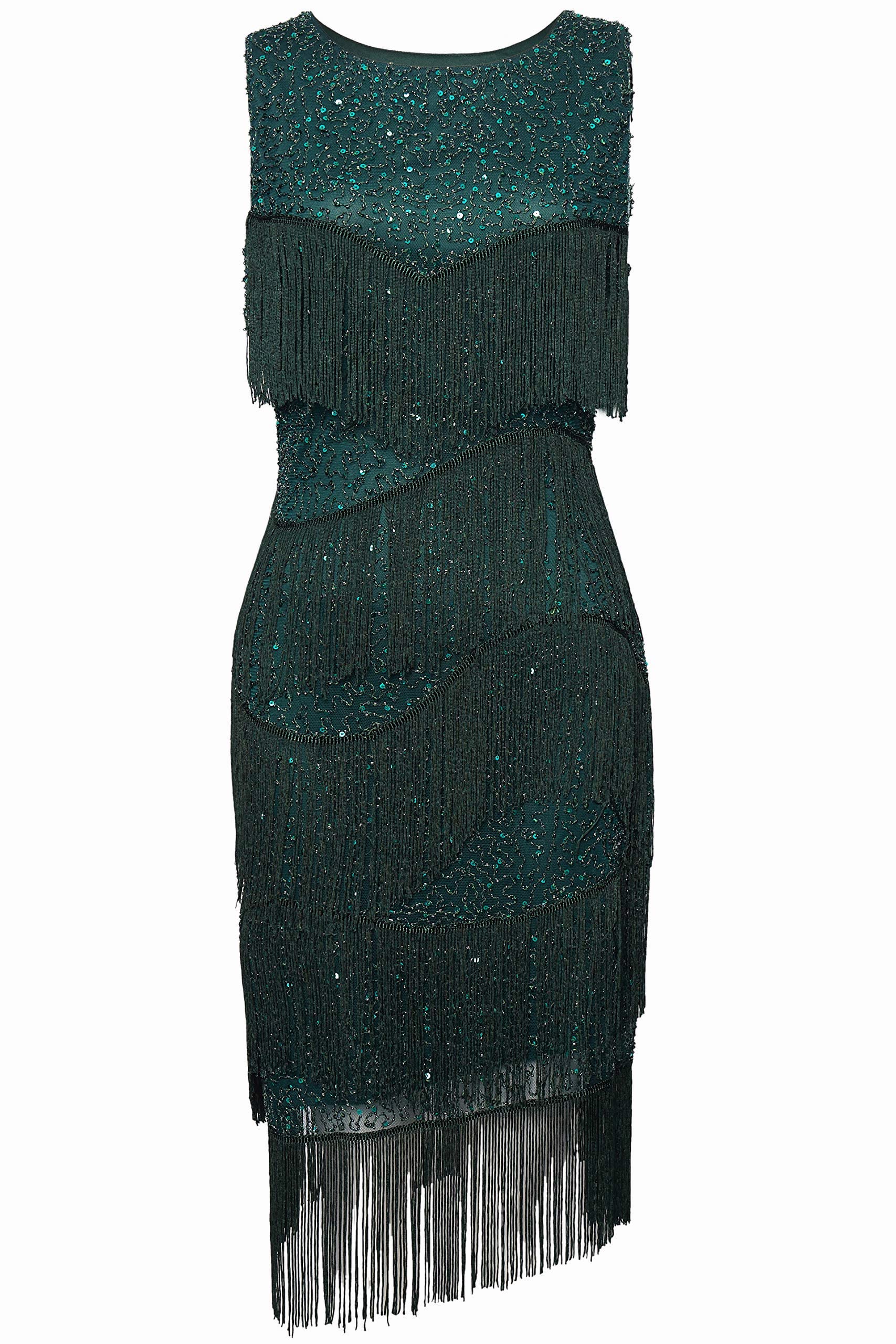 Coucoland Sukienka damska z okrągłym dekoltem w stylu lat 20., elegancka sukienka wieczorowa z wielowarstwowymi frędzlami w stylu retro z lat 20. XX wieku, na imprezę koktajlową, na karnawał