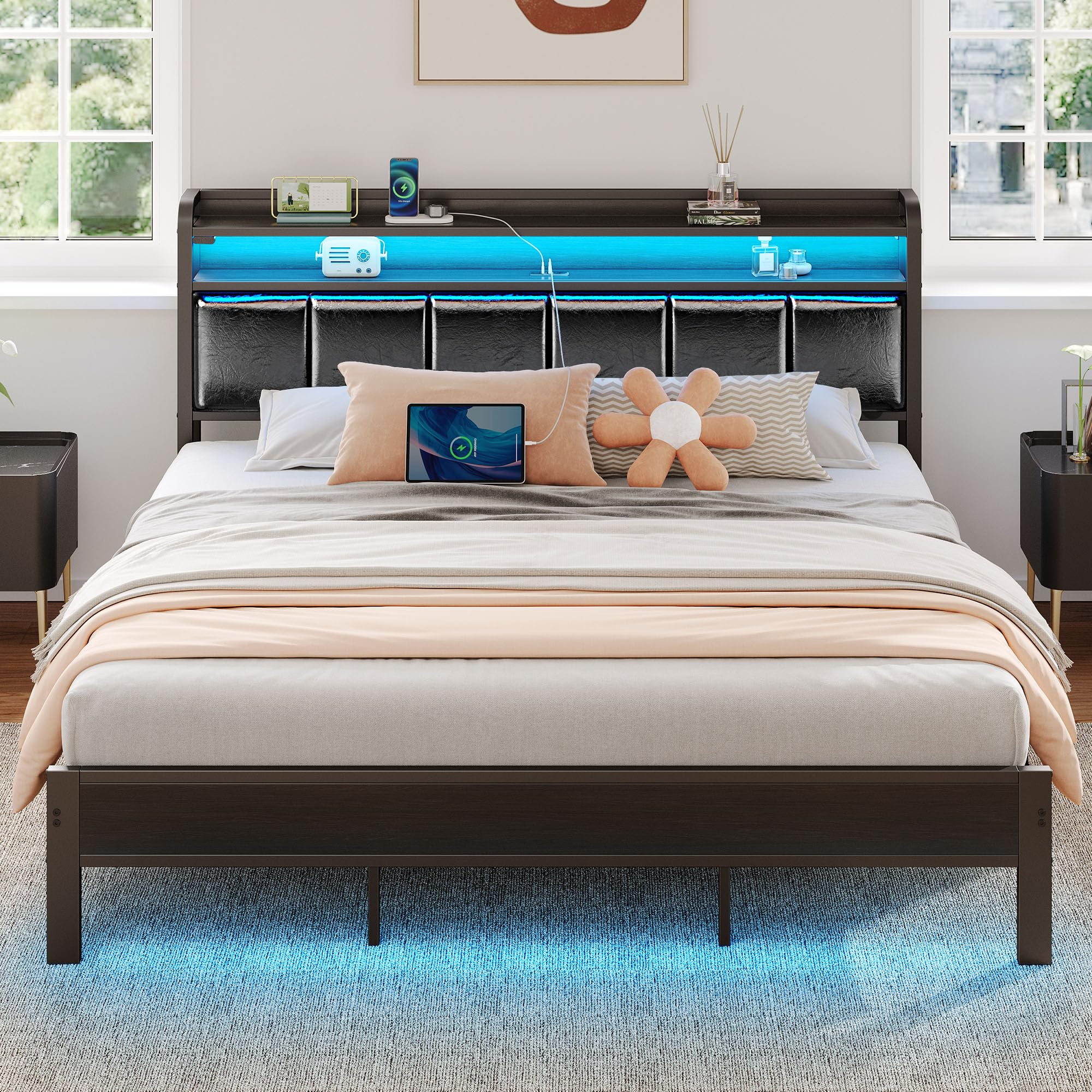 rolanstar bed frame king size with charging station and led lights, pu leather headboard with storage shelves, heavy duty metal slats, no box spring need, noise free, easy assembly, black