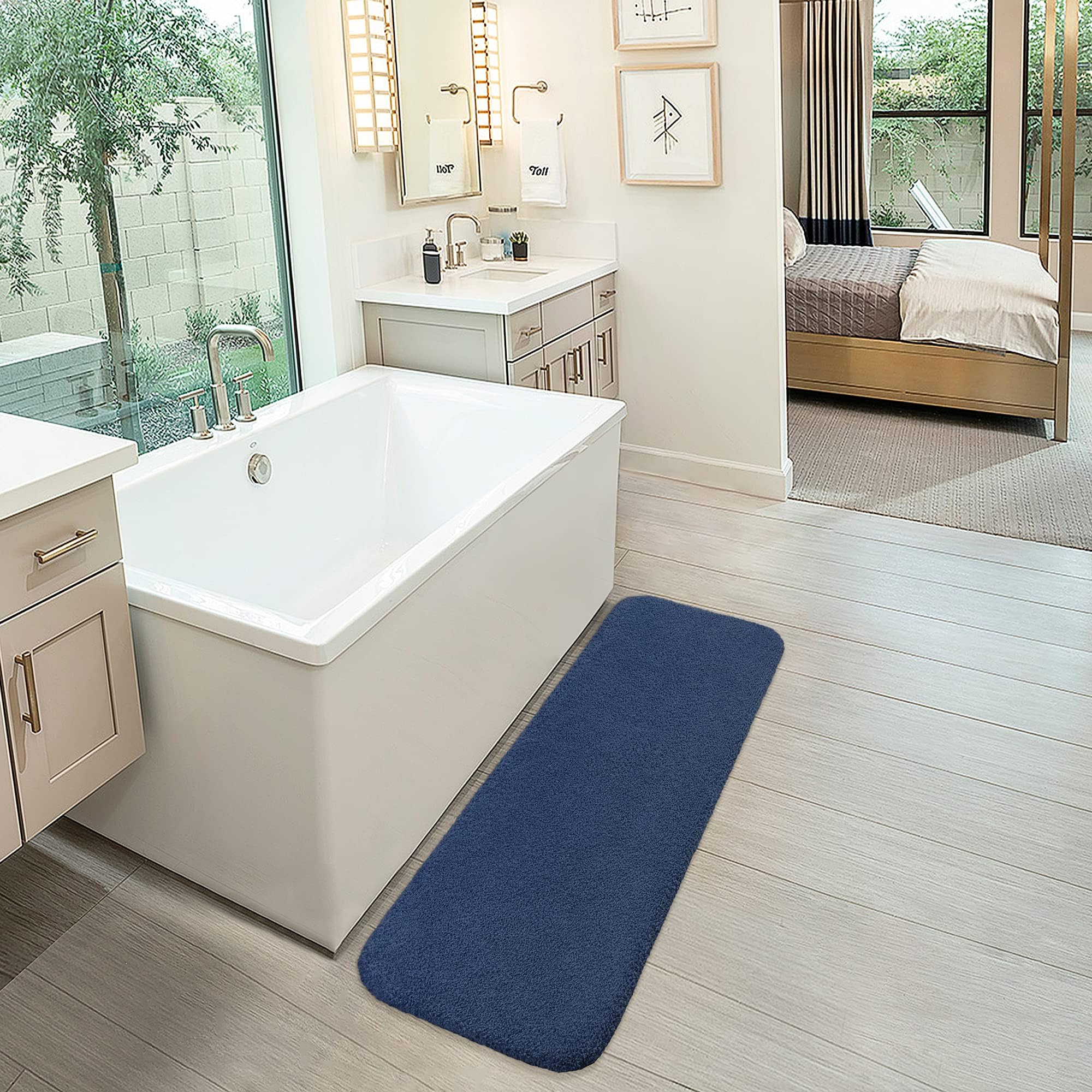 VANZAVANZU Tappetino da Bagno Antiscivolo Extra Lungo Tappeto da Bagno Assorbente Addensato Tappeti Corridore per Il Bagno Ultra Morbido Bath Mat Soffice Microfibra Eleganti 50 x 178cm (Blu Navy)