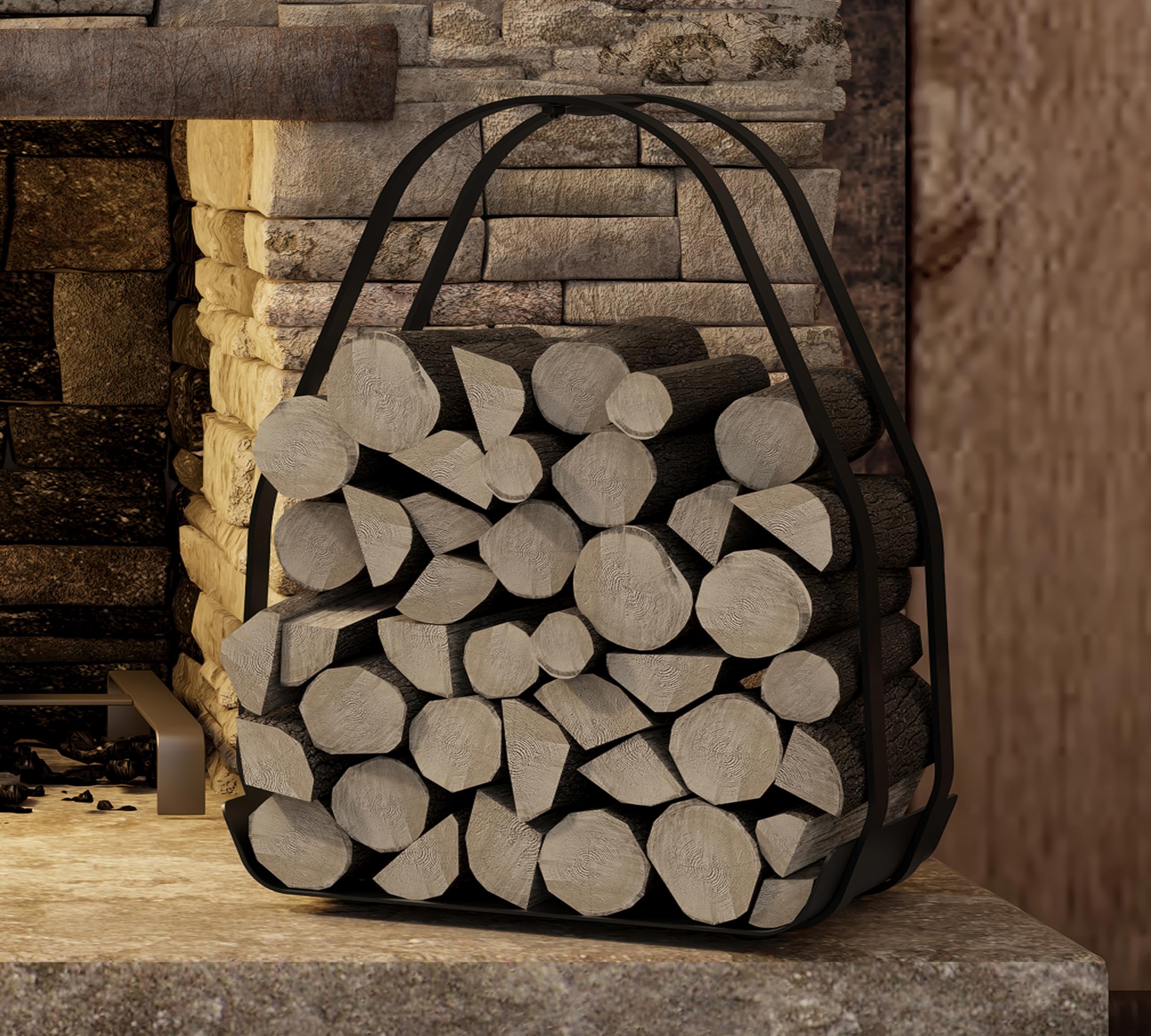 Kingson Kosz na drewno kominkowe – czarny metalowy pojemnik na drewno opałowe z powłoką proszkową z uchwytem – 36×35×48cm – żelazna rama i podstawa – płaskie opakowanie, wymagany montaż