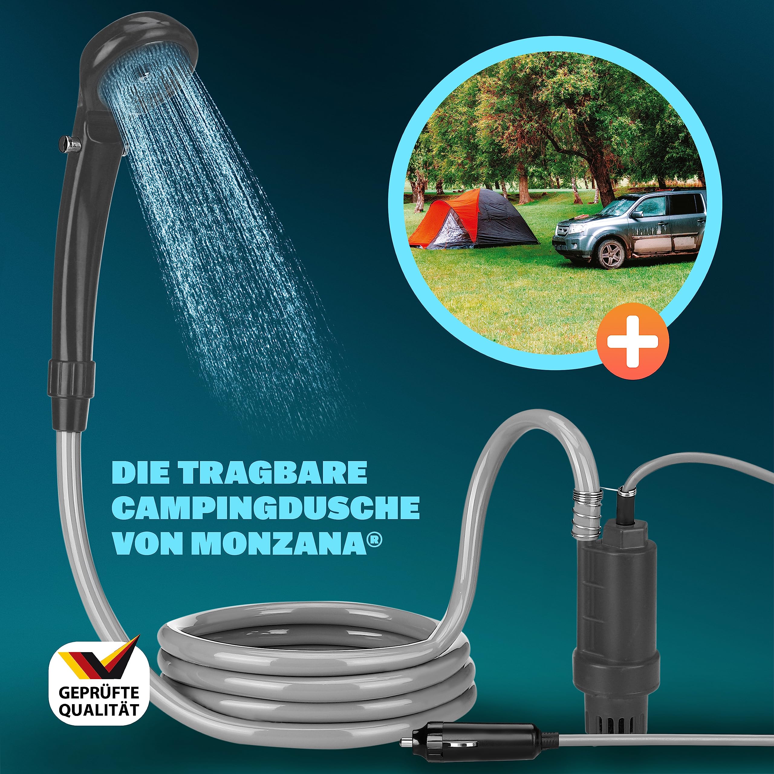 Monzana® Ducha de camping portátil con bomba de 12 V, adaptador de coche, bolsa de almacenamiento, manguera de 2 m, cable de alimentación de 5 m, ducha para perros, ducha de jardín