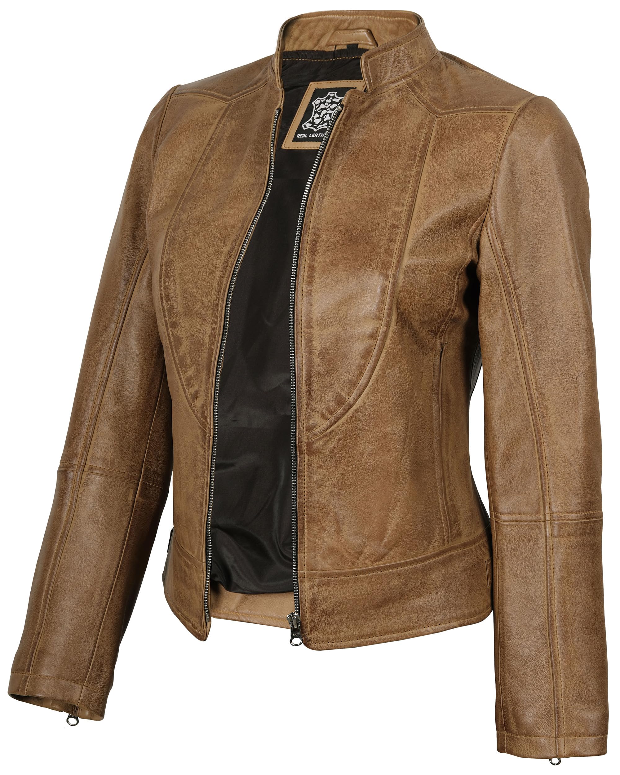 Decrum Womens Leather Jacket - Real Lambskin Cafe Racer Style Leather Jackets for Women