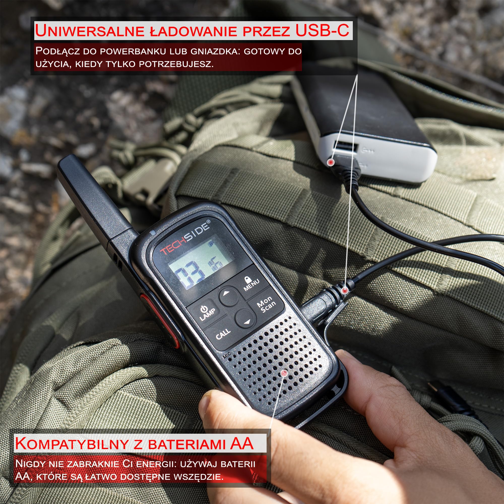 TechSide TS-T3 Go Krótkofalówka (Radiotelefon) PMR446, 16 kanałów, zasięg 10 km, ładowanie USB-C, z latarką LED, 2 sztuki