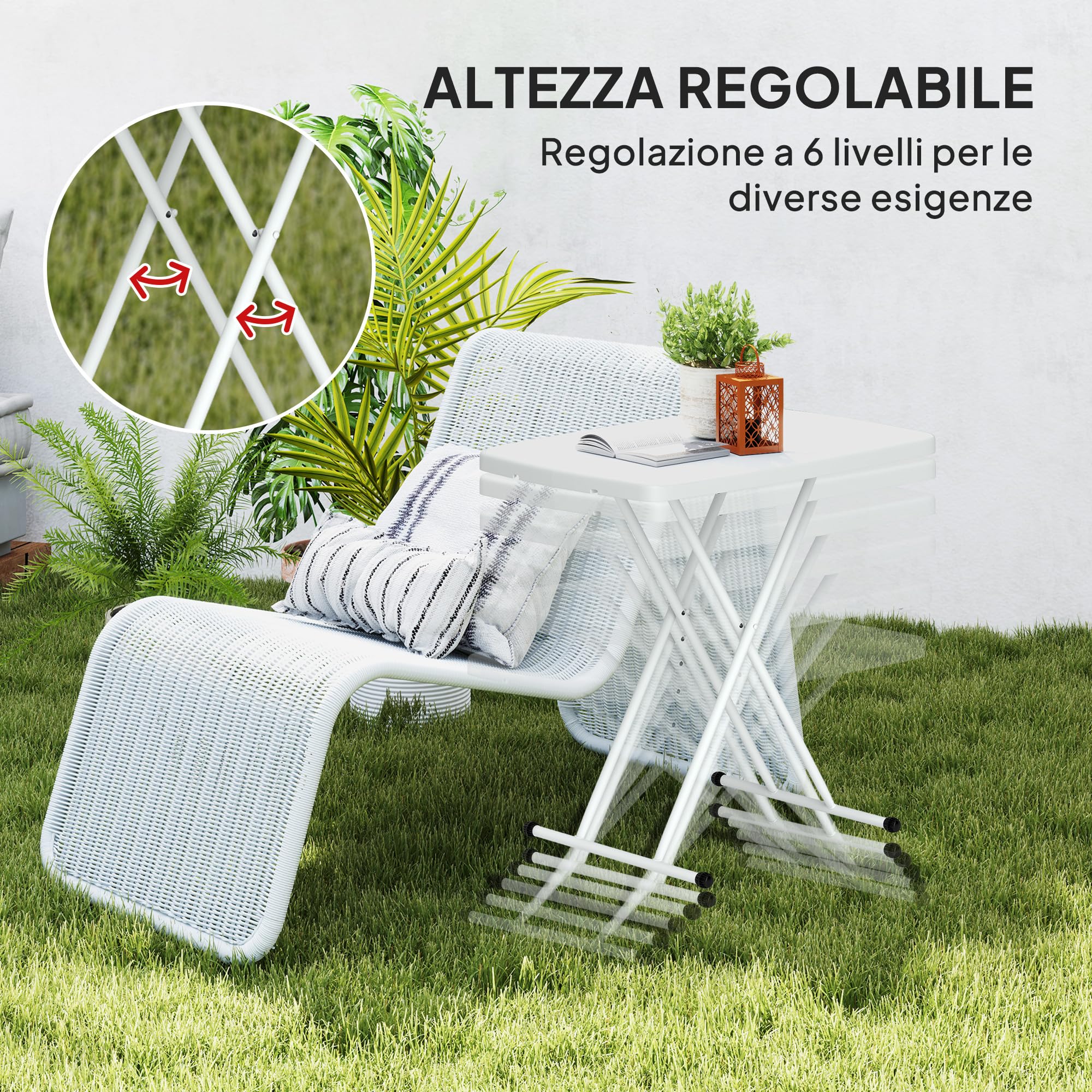 Outsunny Tavolino da Giardino Pieghevole Altezza Regolabile HDPE Metallo 76x50x74 cm Bianco