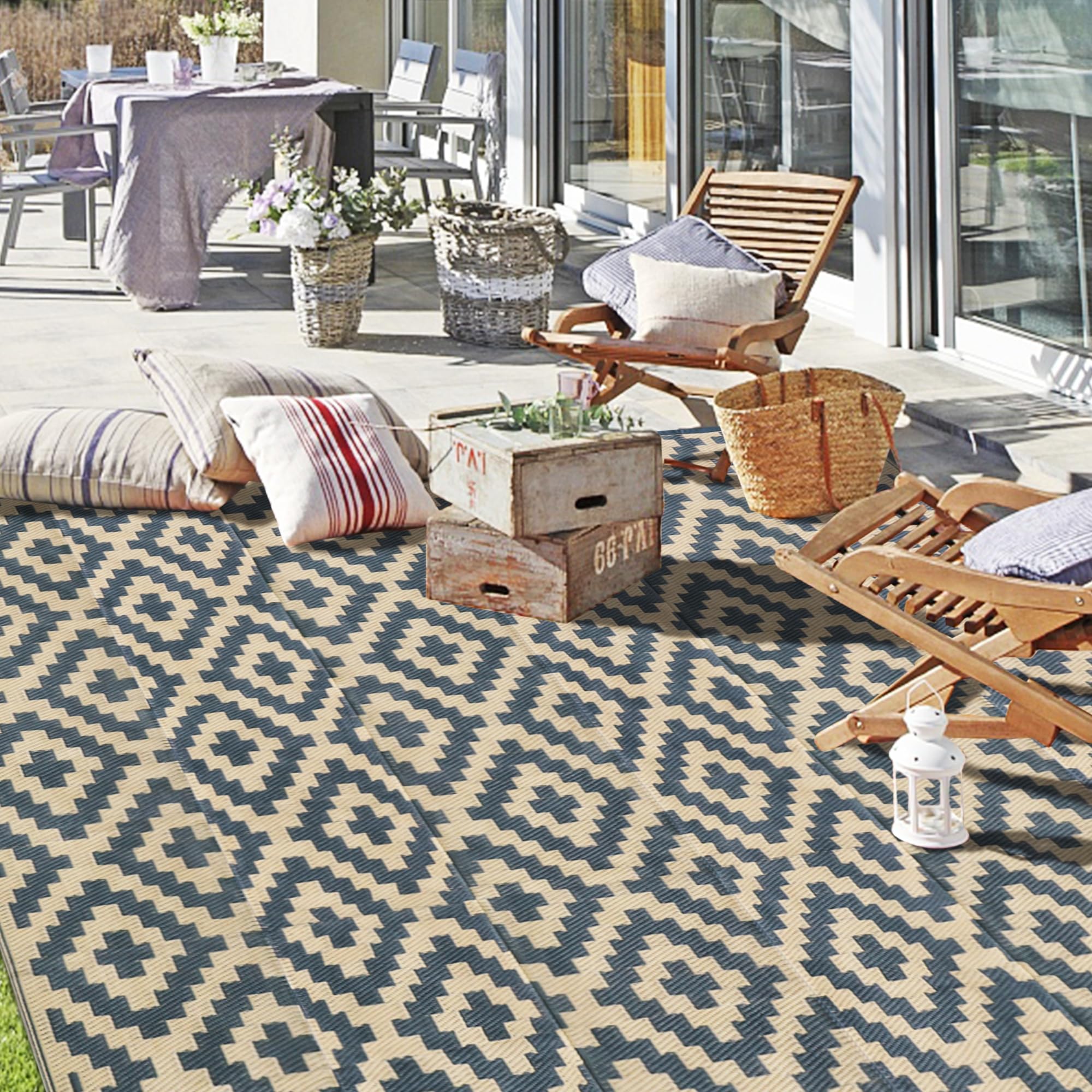 SAND MINE Tappetini reversibili, in plastica, stile moderno, grande tappetino e tappeto per esterni, camper, patio, cortile, terrazza, picnic, spiaggia, rimorchi, campeggio (20 x 3 m, reticolo grigio