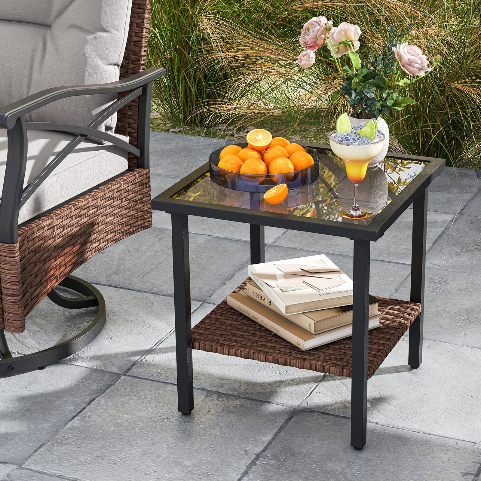 COSTWAY Rattan Gartenmöbel Set, Balkonmöbel inkl. 2 Schaukelstühle mit Drehfunktion, Kissen & Tisch, Balkonset, Terrassenmöbel, Gartengarnitur, Sitzgruppe für Garten, Balkon, Terrasse