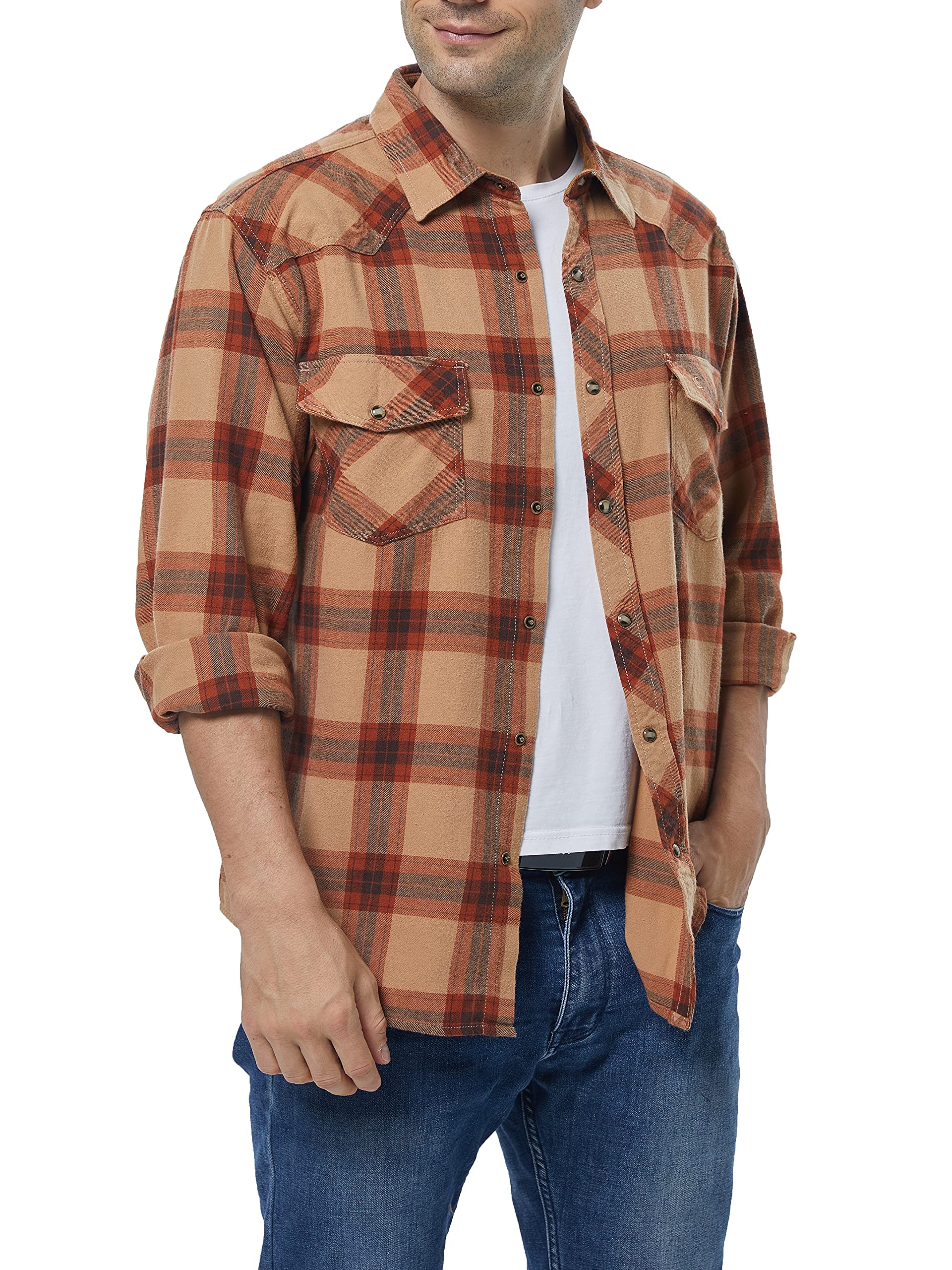 COEVALS CLUB Chemise de travail décontractée en flanelle pour homme, Plaid marron #4, Taille L