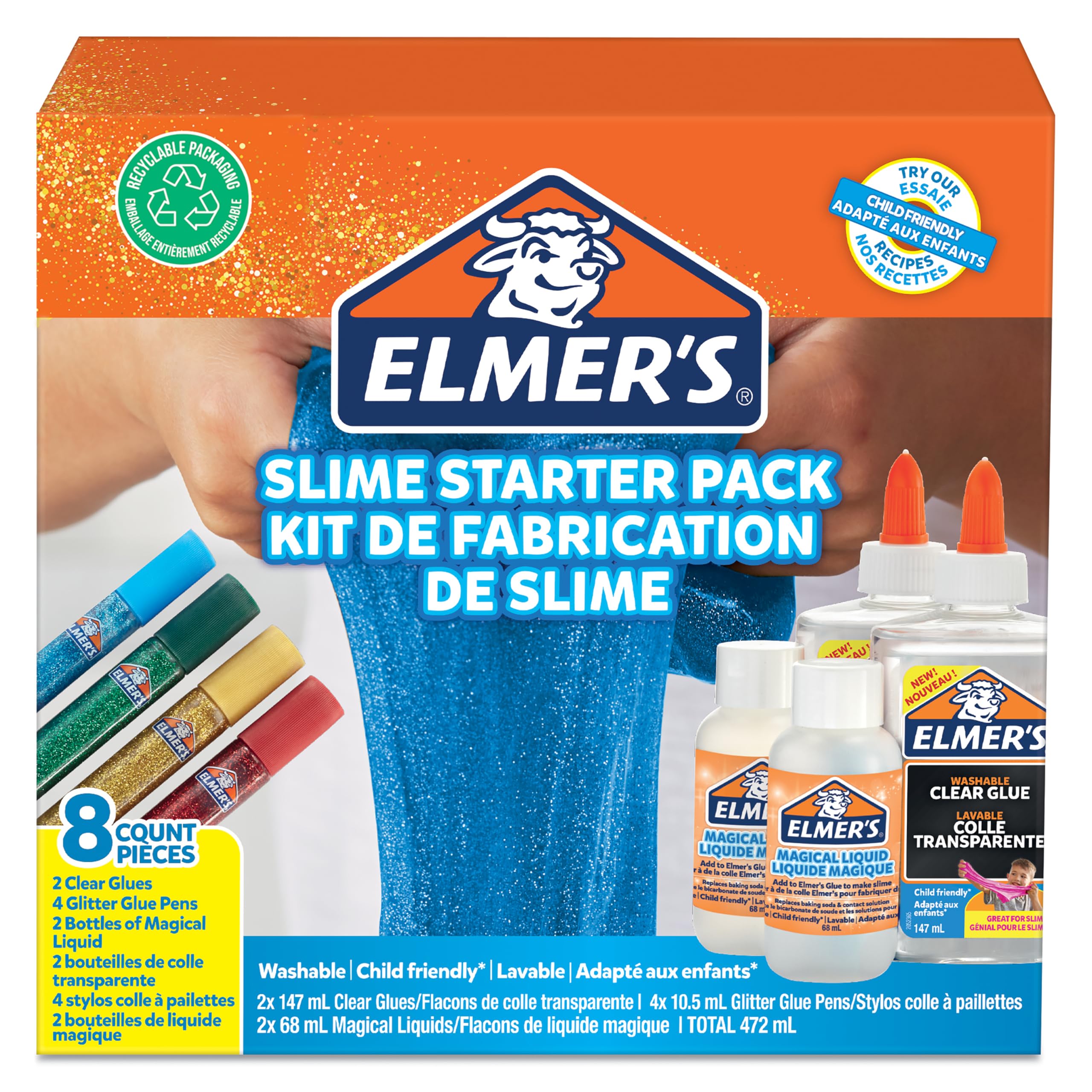 Elmer’s Glitter Slime Kit | Slime Supplies Include Clear PVA Glue, Glitter Glue Pens & Magical Liquid Slime Activator Solution | Washable & Kid Friendly Formula | 8 Count