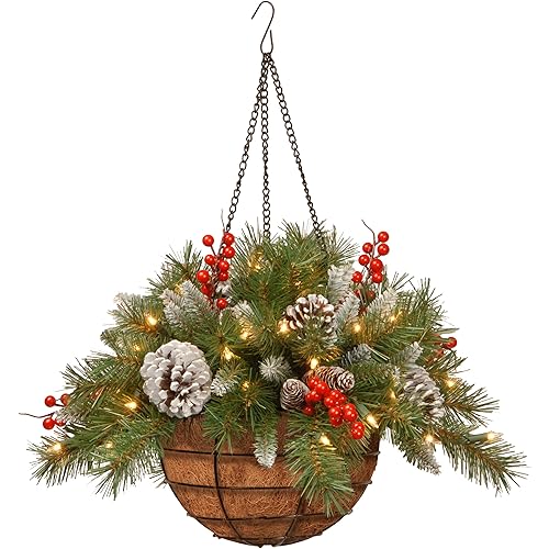 National Tree Company Pre-Lit Artificial Hanging Basket, , Decorated With Frosted Pine Cones, Berry Clusters, White LED Lights, Christmas Collection, 20 Inches