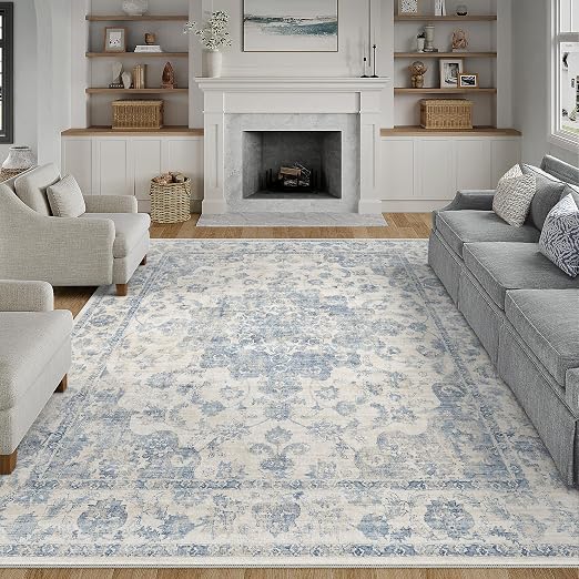 8x10 Washable Neutral Area Rug Blue Vintage Living Room Bedroom Carpet Non-Slip Soft Low Pile Floral Indoor Large Throw Rug for Dining Room Office