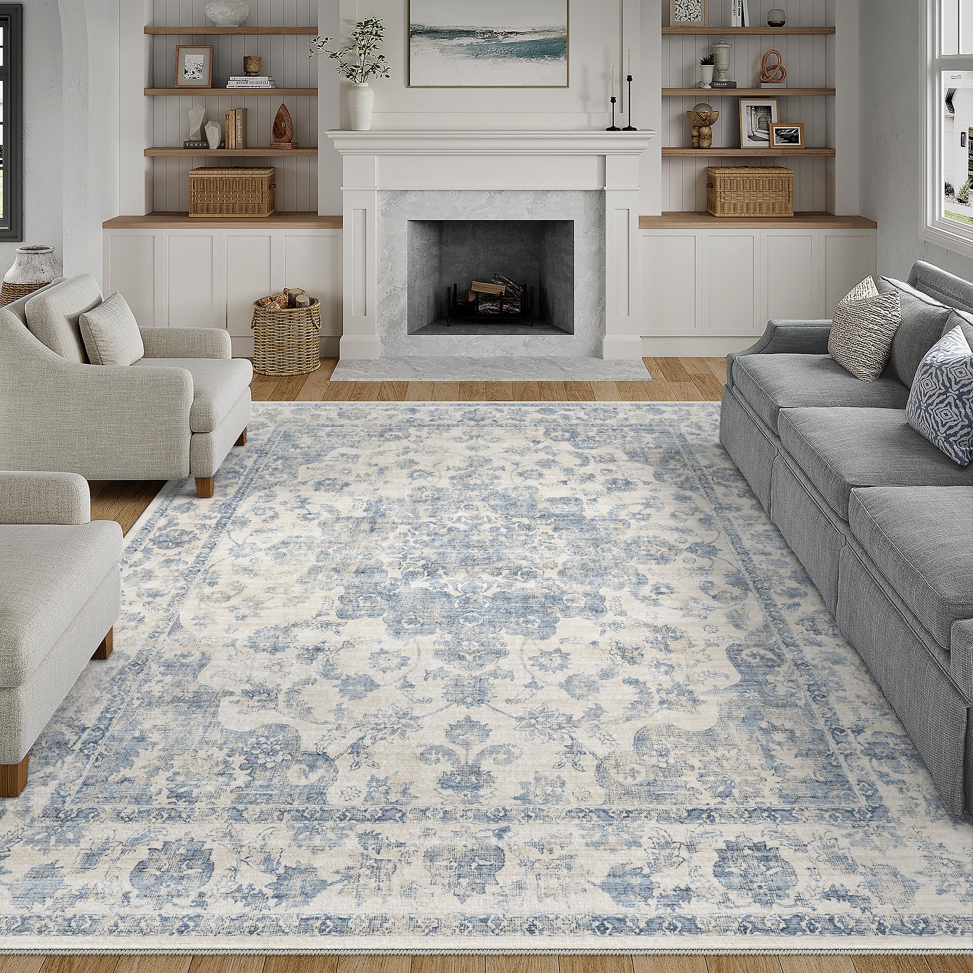 wondrg 9x12 neutral area rug blue vintage living room bedroom washable carpet non-slip soft low pile floral indoor large throw rug for dining room office