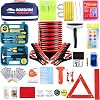 Kit de emergencia para carretera de 142 piezas para auto, kit de seguridad para auto con cables de puente | Kit de emergencia de asistencia en carretera con triángulo de advertencia, martillo de seguridad, cuerda de remolque, kit de emergencia para auto, regalo para conductores novatos 1