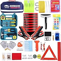 LIANXIN Upgraded 142-Piece Roadside Assistance Kit: Jumper Cables, Tow Strap, Safety Hammer, Tool Kit & Reflective Triangle for Car Emergencies