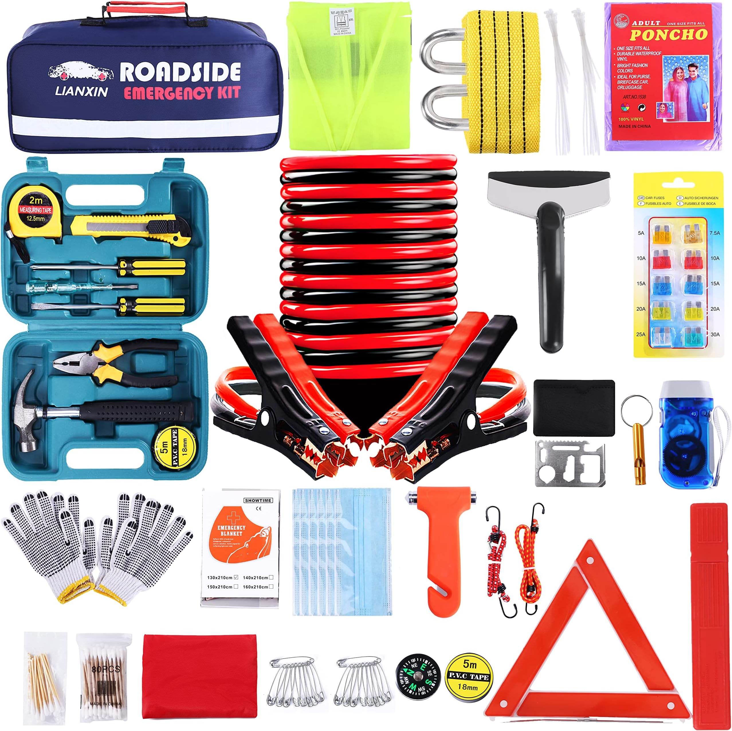 LIANXIN Roadside Assistance Emergency Kit - Car Emergency Kit with Jumper Cables (Upgraded) Emergency Roadside Kit for Car 142 Pieces Car Safety Kits,Tow Strap,Tool Kit,Reflective Warning Triangle