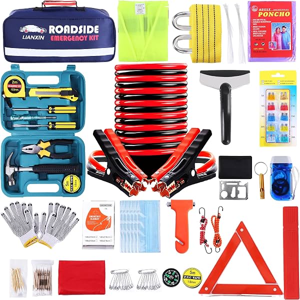 Kit de emergencia para carretera de 142 piezas para auto, kit de seguridad para auto con cables de puente | Kit de emergencia de asistencia en carretera con triángulo de advertencia, martillo de seguridad, cuerda de remolque, kit de emergencia para auto, regalo para conductores novatos